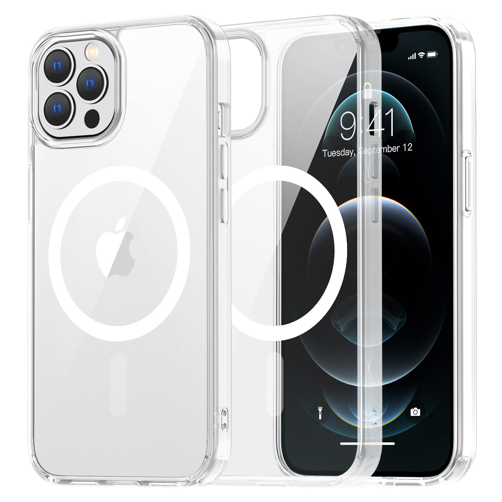 SUPFINE Magnetic for iPhone 13 case & iPhone 14 case, [Compatible with MagSafe][Clear Hard Back with Soft TPU Frame][12FT Military Grade Drop Protection] Shockproof Phone Case,Clear Pink