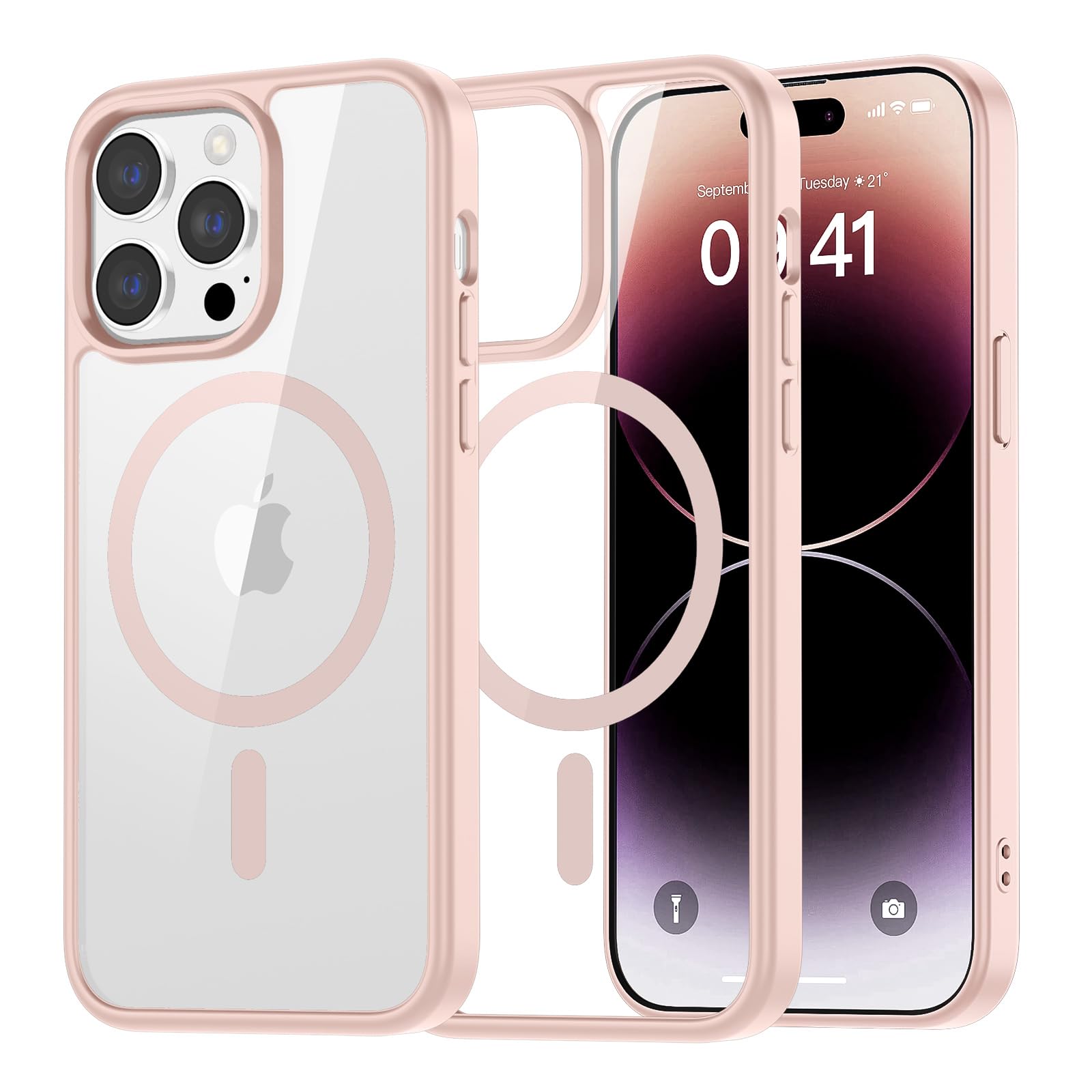 SUPFINE Magnetic for iPhone 13 case & iPhone 14 case, [Compatible with MagSafe][Clear Hard Back with Soft TPU Frame][12FT Military Grade Drop Protection] Shockproof Phone Case,Clear Pink