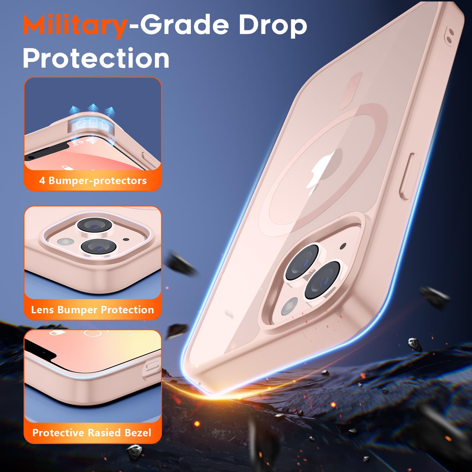 SUPFINE Magnetic for iPhone 13 case & iPhone 14 case, [Compatible with MagSafe][Clear Hard Back with Soft TPU Frame][12FT Military Grade Drop Protection] Shockproof Phone Case,Clear Pink