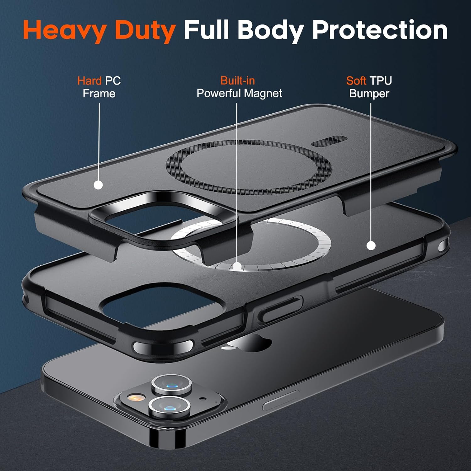 iPhone 14 Case & iPhone 13 Case (Compatible with MagSafe) (Dual Layer Structure Protection) (12 FT Military Grade Drop Protection) Heavy Duty Shockproof Phone Case, Black