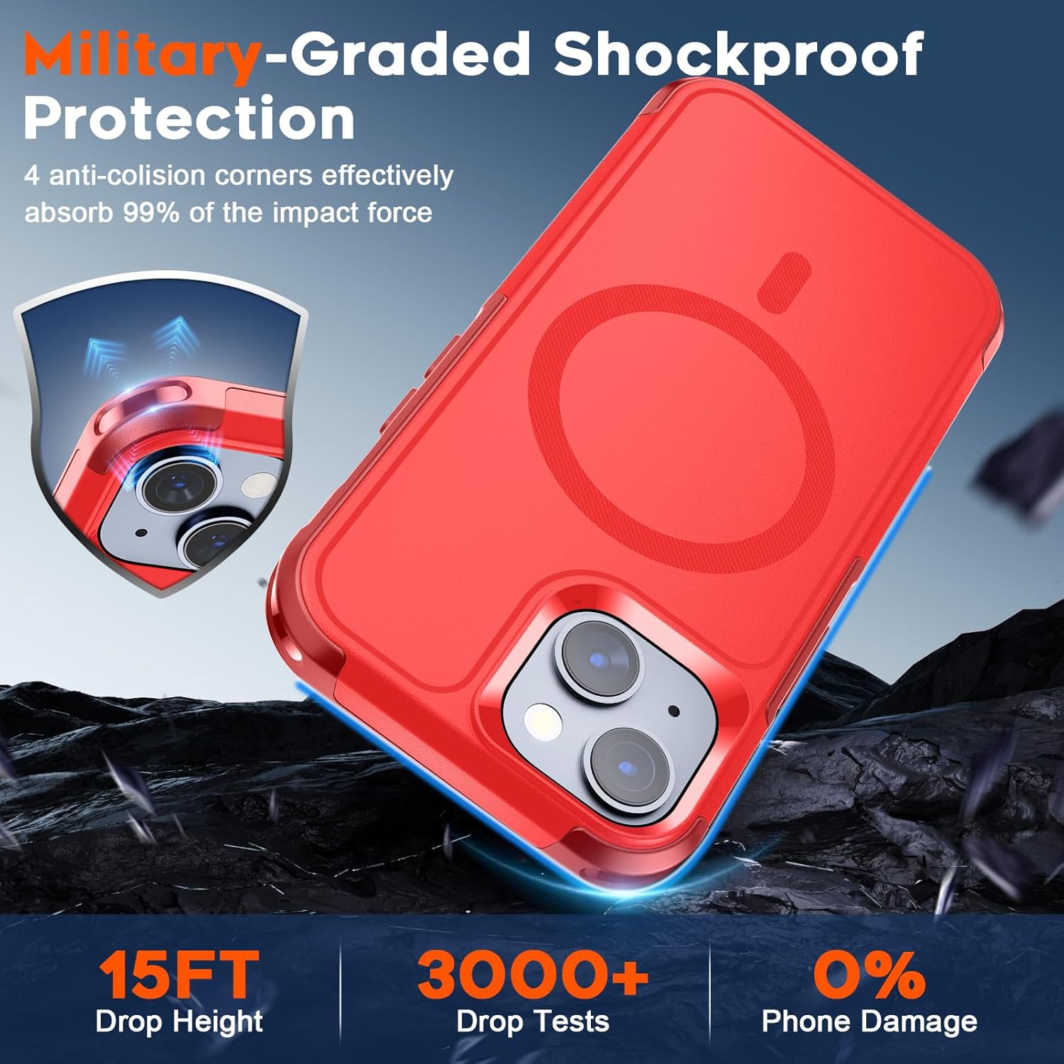 iPhone 15 Case, [Compatible with MagSafe] [15FT Military Grade Drop Protection] with [2pcs Tempered Glass Screen Protectors] Heavy Duty Shockproof Phone Case, Red