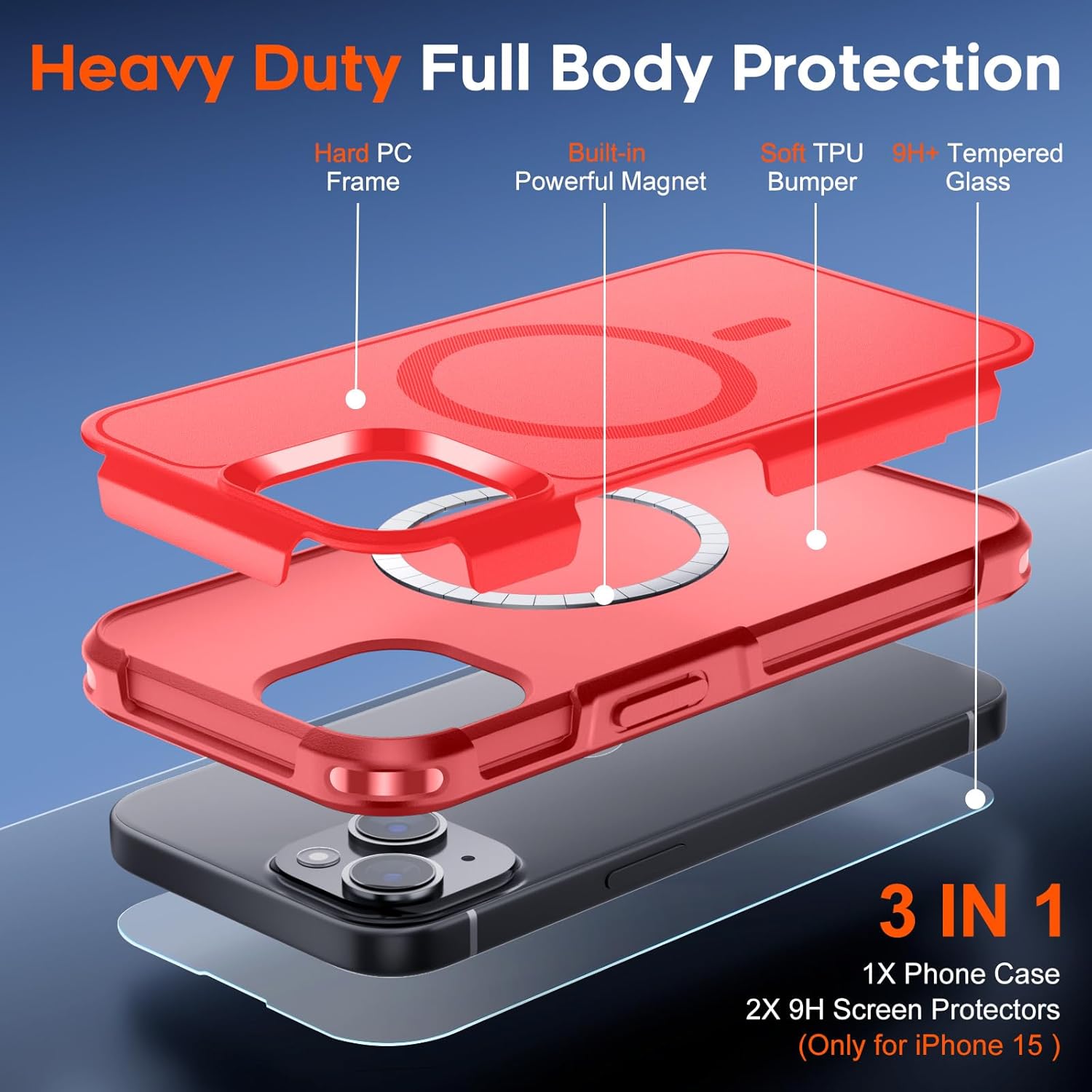 iPhone 15 Case, [Compatible with MagSafe] [15FT Military Grade Drop Protection] with [2pcs Tempered Glass Screen Protectors] Heavy Duty Shockproof Phone Case, Red