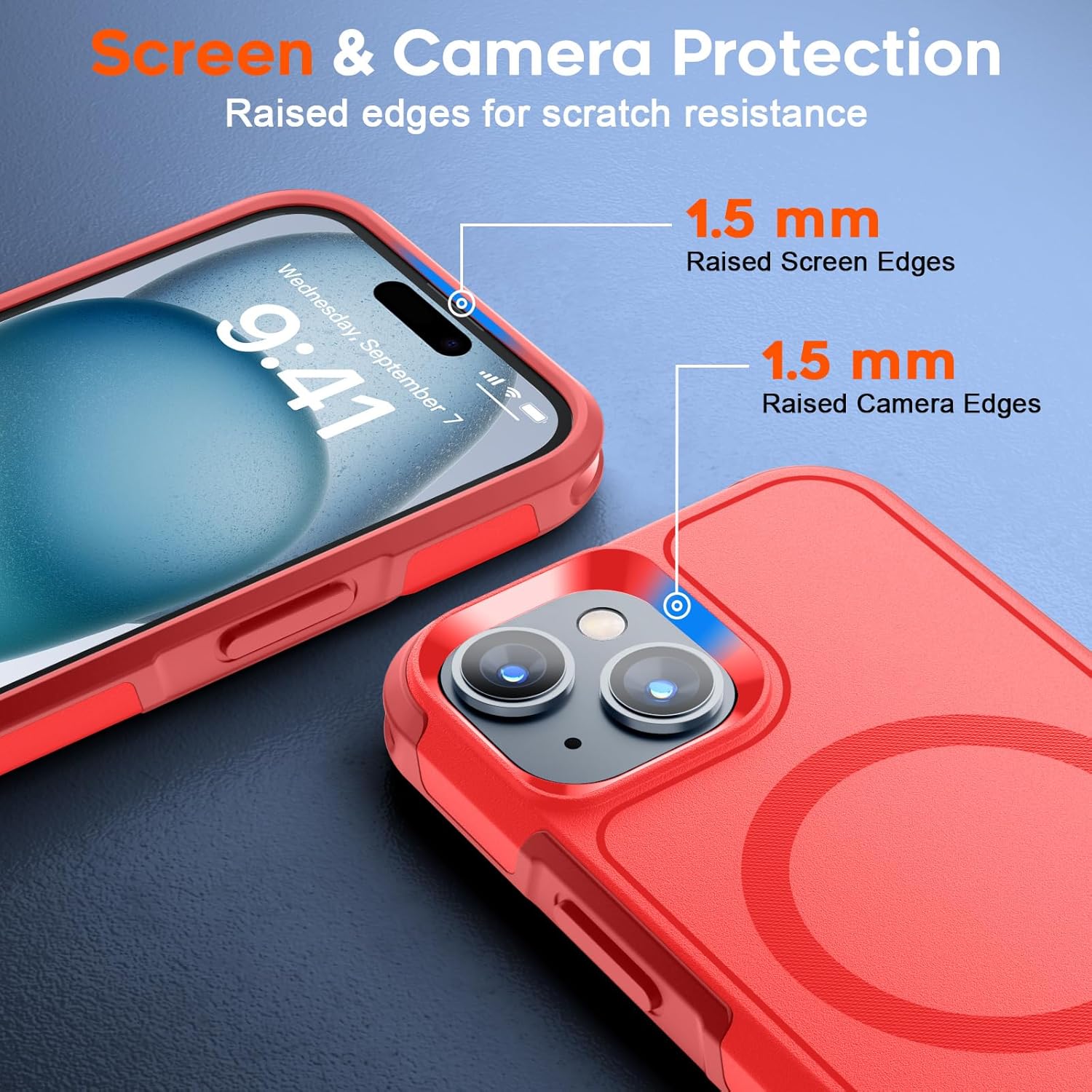 iPhone 15 Case, [Compatible with MagSafe] [15FT Military Grade Drop Protection] with [2pcs Tempered Glass Screen Protectors] Heavy Duty Shockproof Phone Case, Red