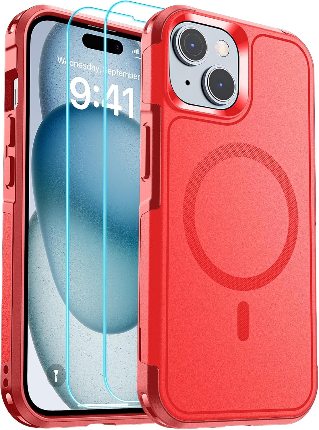 iPhone 15 Case, [Compatible with MagSafe] [15FT Military Grade Drop Protection] with [2pcs Tempered Glass Screen Protectors] Heavy Duty Shockproof Phone Case, Red