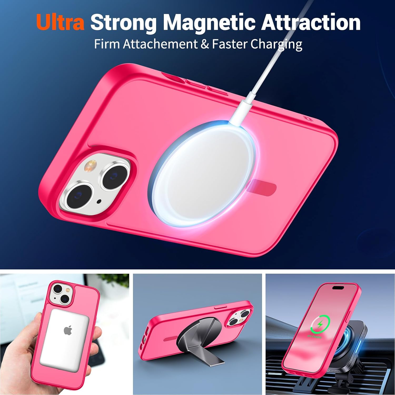 SUPFINE Magnetic for iPhone 15 Case (Compatible with MagSafe) (Military Grade Drop Protection) Slim Translucent Matte Shockproof with Anti-Fingerprint Phone Case,Hot Pink