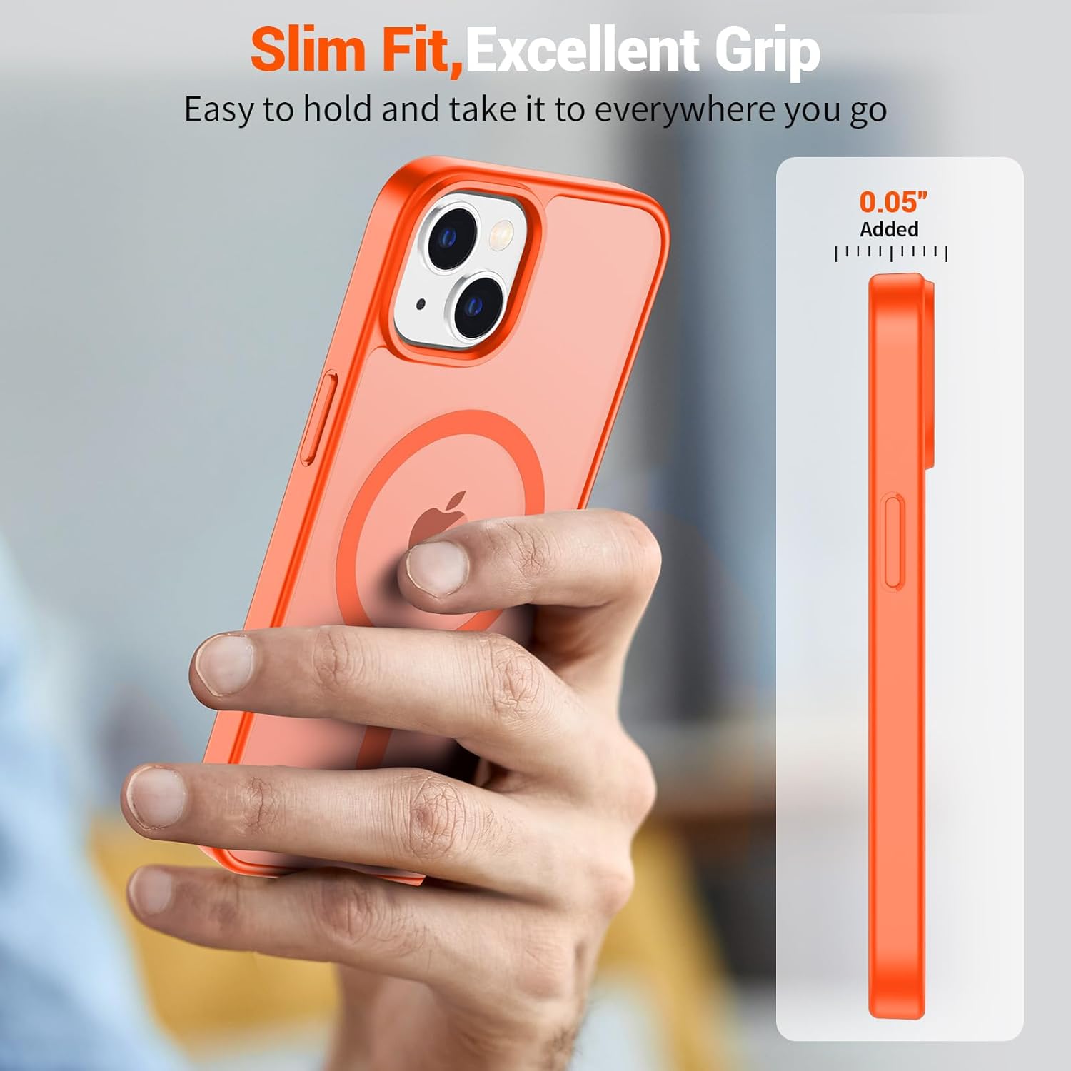 iPhone 15 Plus Case & iPhone 14 Plus Case(Compatible with MagSafe)(Military Grade Drop Protection) Slim Translucent Shockproof with Anti-Fingerprint Phone Case,Orange