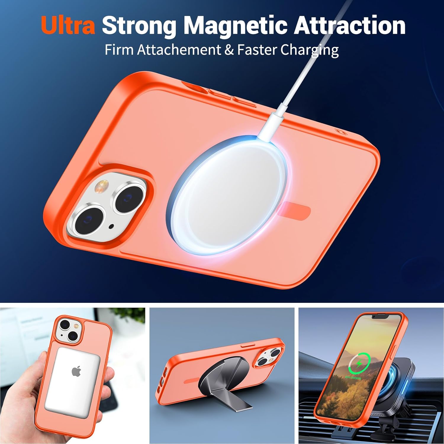 iPhone 15 Plus Case & iPhone 14 Plus Case(Compatible with MagSafe)(Military Grade Drop Protection) Slim Translucent Shockproof with Anti-Fingerprint Phone Case,Orange