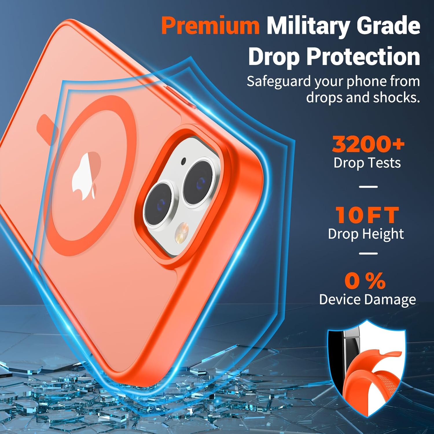 iPhone 15 Plus Case & iPhone 14 Plus Case(Compatible with MagSafe)(Military Grade Drop Protection) Slim Translucent Shockproof with Anti-Fingerprint Phone Case,Orange