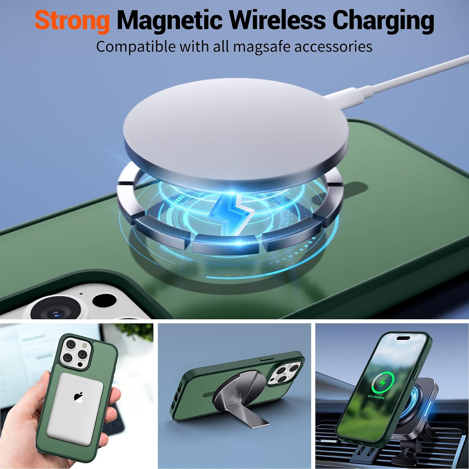 SUPFINE Magnetic for iPhone 15 Pro Case (Compatible with MagSafe) (Military Grade Drop Protection) Slim Translucent Matte Shockproof with Anti-Fingerprint Phone Case,Forest Green