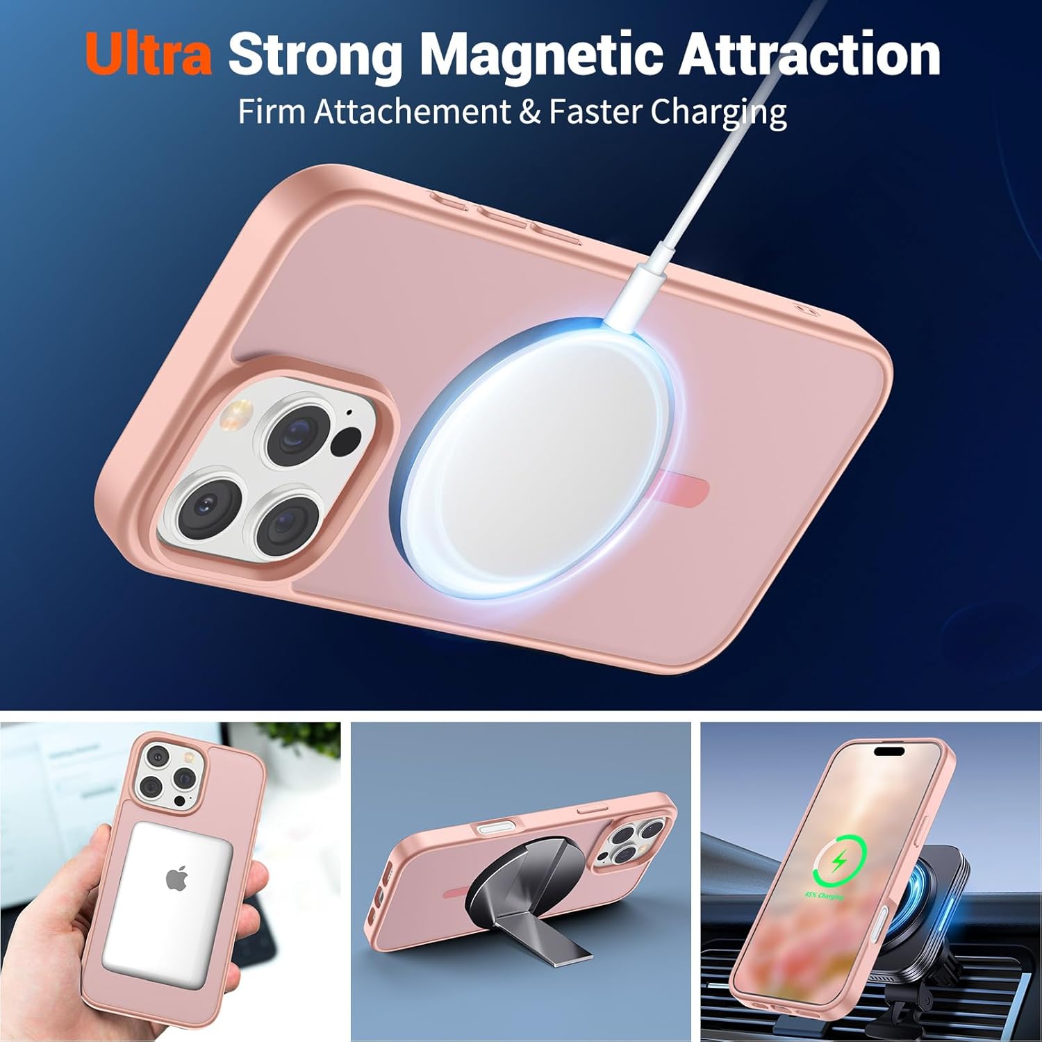 iPhone 16 Pro Case (Compatible with MagSafe) (Military Grade Drop Protection) Slim Translucent Matte Shockproof with Anti-Fingerprint Phone Case,Pink
