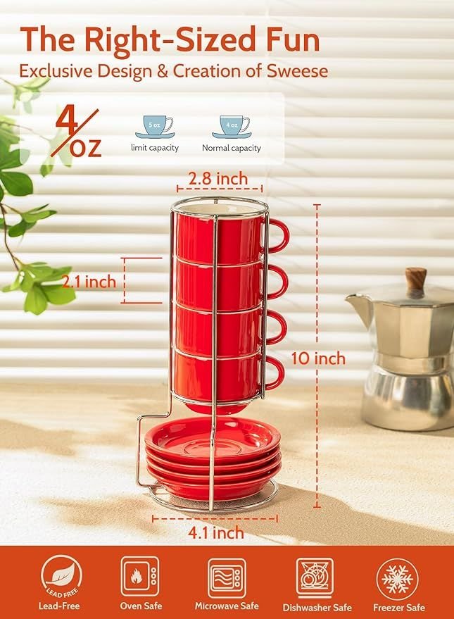 Sweese 4 Ounce Porcelain Stackable Espresso Cups With Saucers And Metal Stand Set Of 4, Red