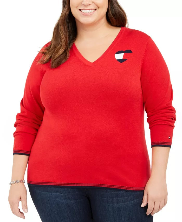 Tommy Hilfiger Women's Plus Cotton Heart Logo Sweater Red Size 1X by Steals