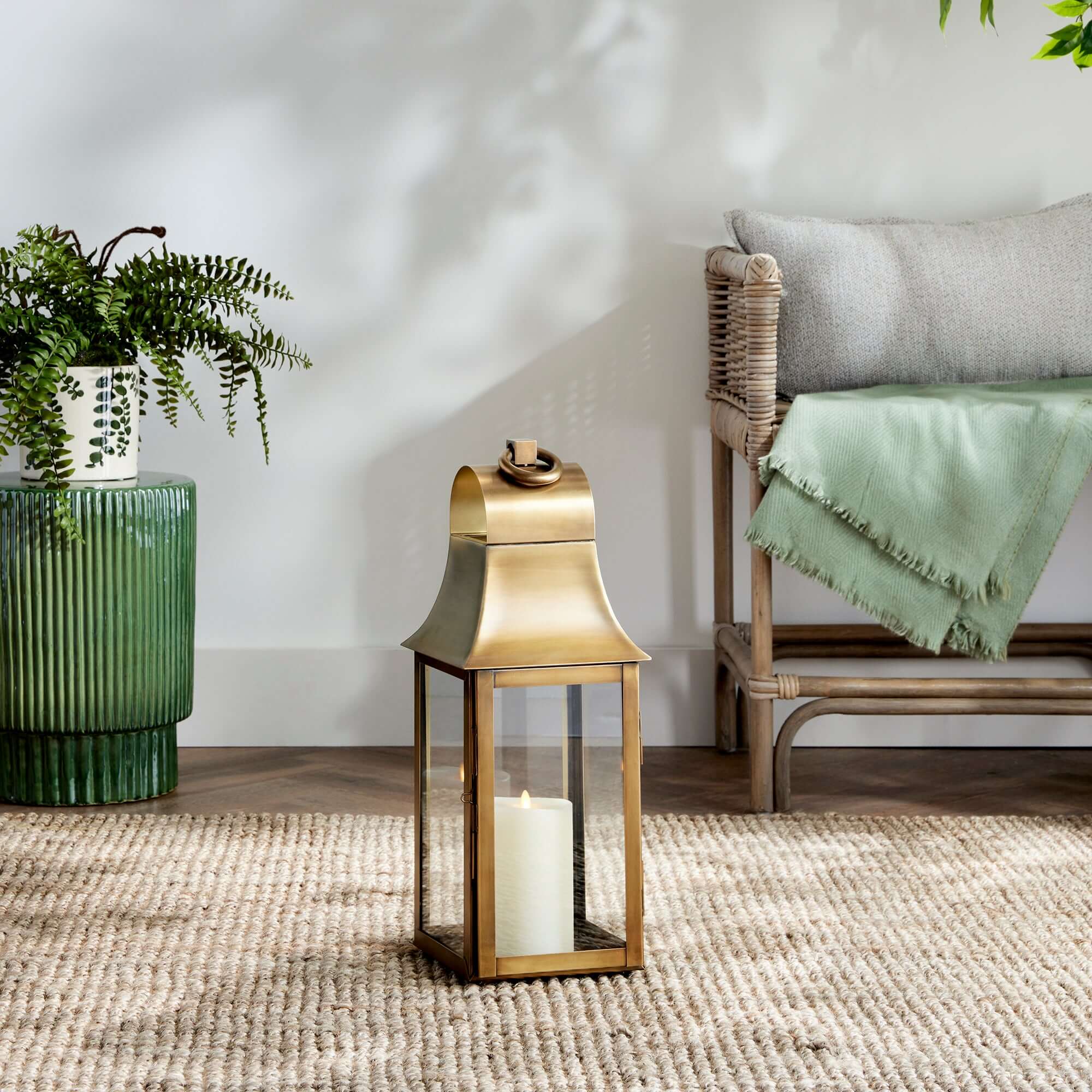 Tall Antique Brass Candle Lantern with Hanging Loop
