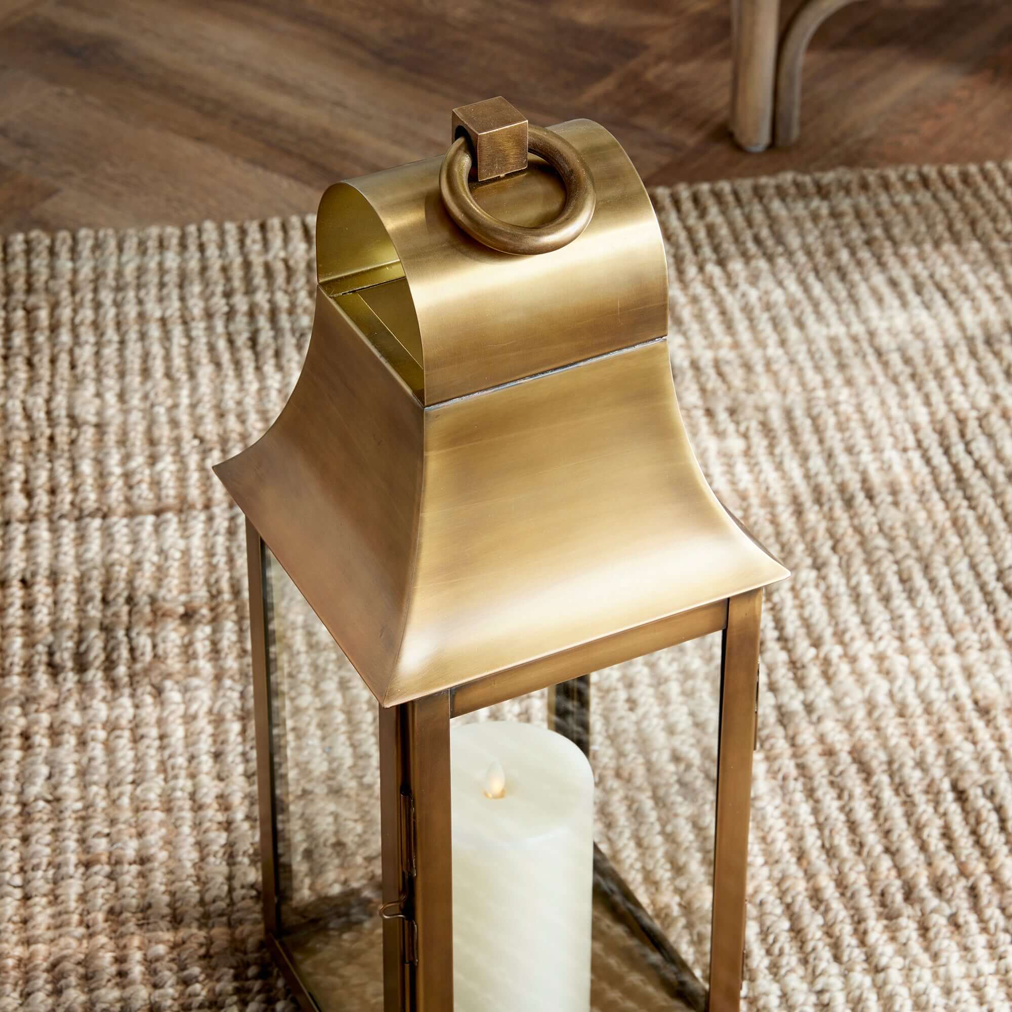 Tall Antique Brass Candle Lantern with Hanging Loop