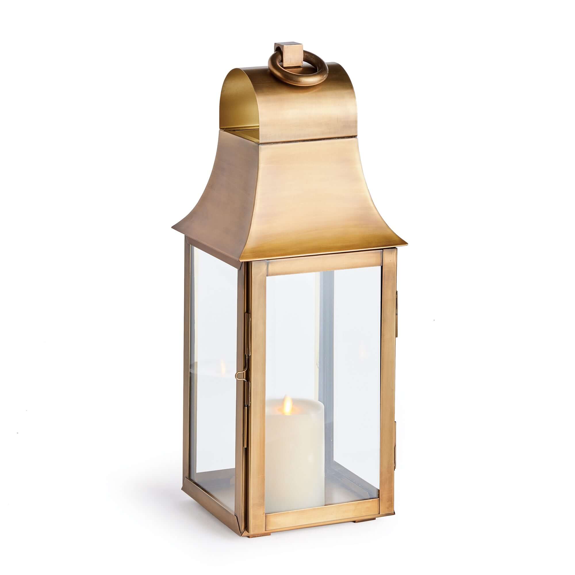 Tall Antique Brass Candle Lantern with Hanging Loop