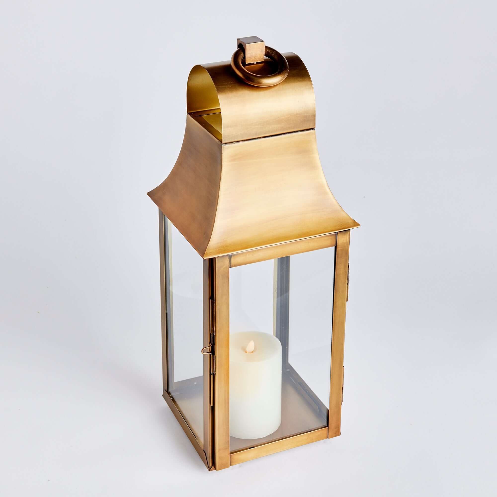 Tall Antique Brass Candle Lantern with Hanging Loop