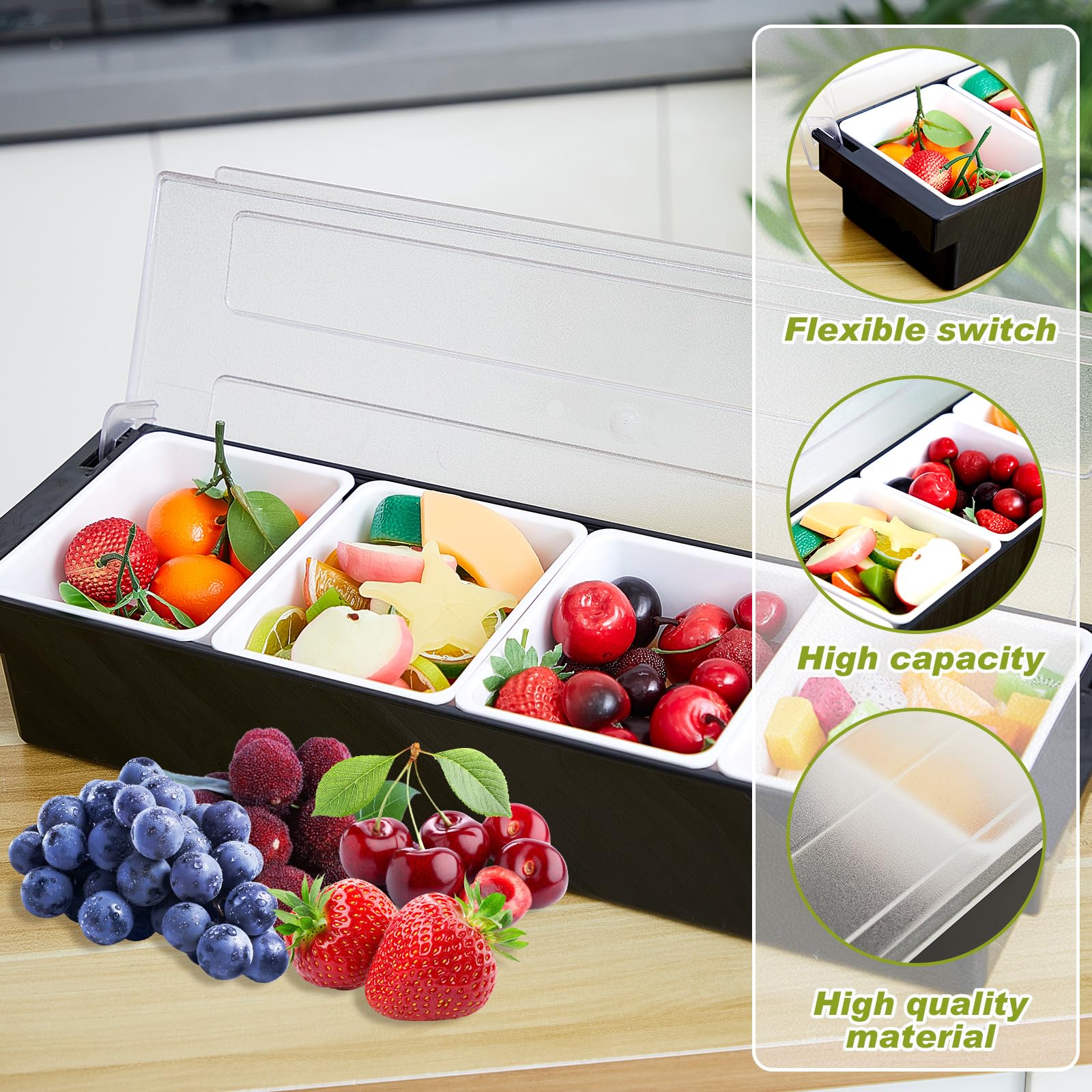 Tessco for you Garnish Tray with Lid Bar Caddy Ice Cooled Condiment Serving Container with Ice Scoop Metal Mini Serving Tongs Fruit Fork Spoons for Food Home Party Kitchen(Plastic,4 Grids)