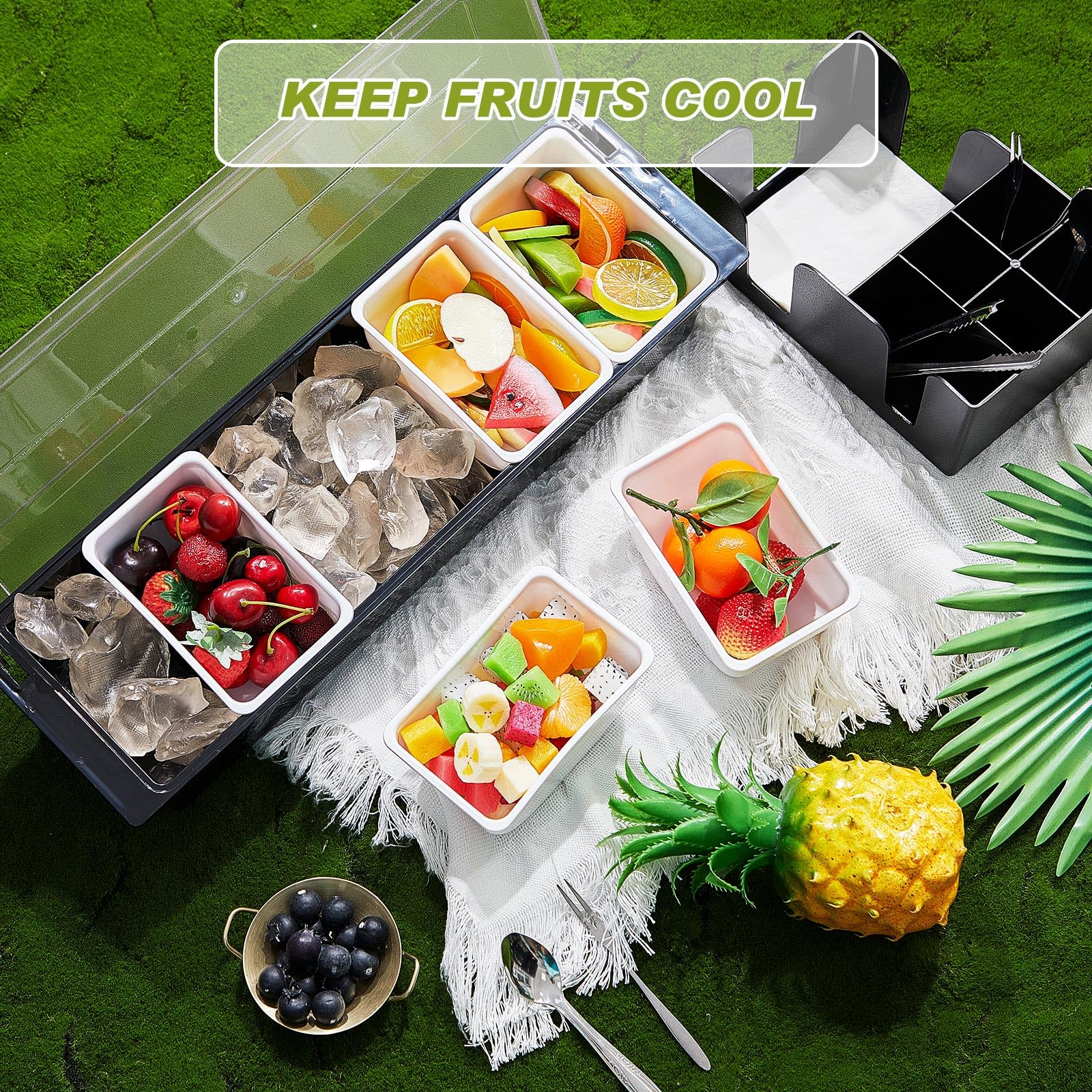 Tessco for you Garnish Tray with Lid Bar Caddy Ice Cooled Condiment Serving Container with Ice Scoop Metal Mini Serving Tongs Fruit Fork Spoons for Food Home Party Kitchen(Plastic,4 Grids)