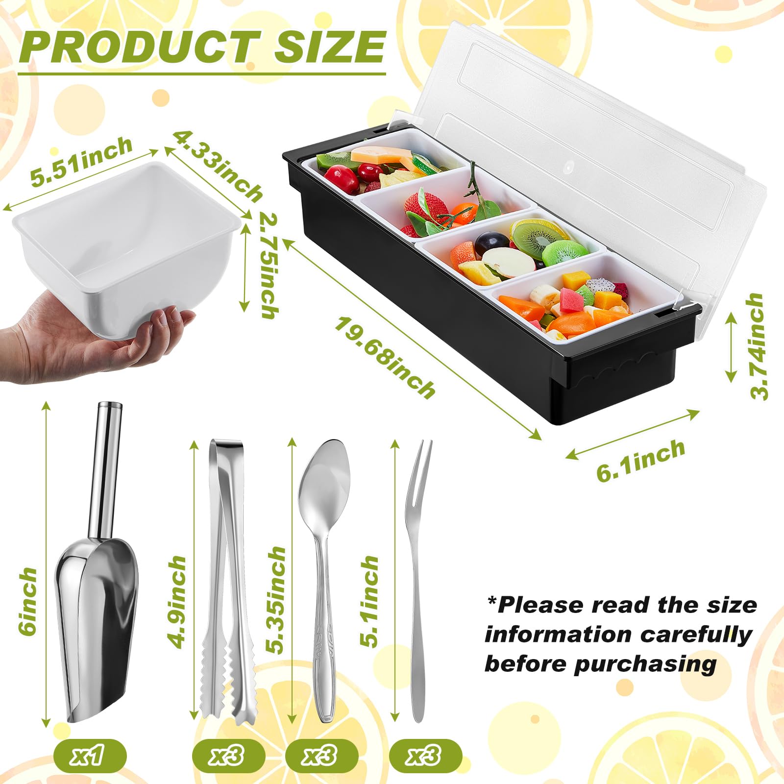 Tessco for you Garnish Tray with Lid Bar Caddy Ice Cooled Condiment Serving Container with Ice Scoop Metal Mini Serving Tongs Fruit Fork Spoons for Food Home Party Kitchen(Plastic,4 Grids)