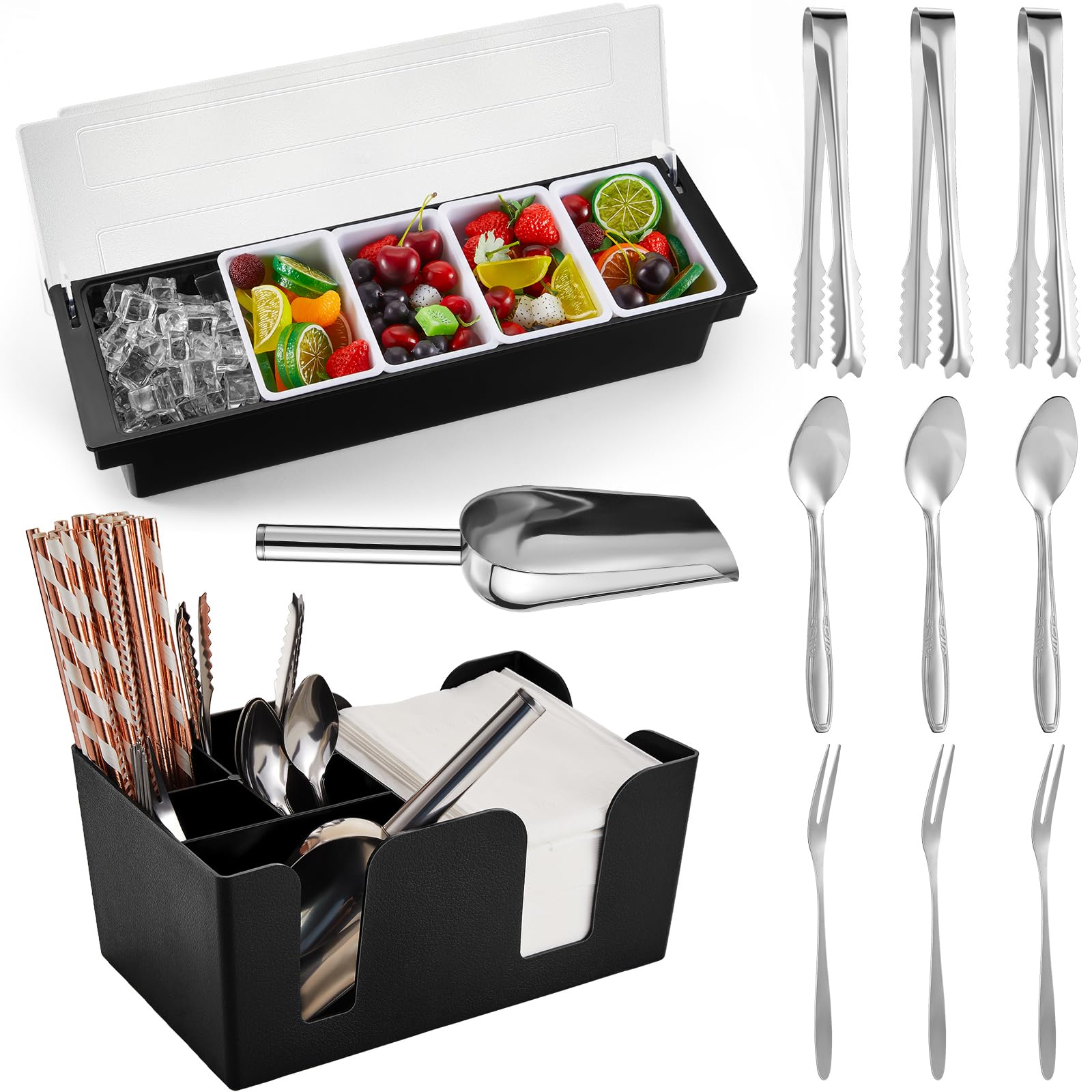 Tessco for you Garnish Tray with Lid Bar Caddy Ice Cooled Condiment Serving Container with Ice Scoop Metal Mini Serving Tongs Fruit Fork Spoons for Food Home Party Kitchen(Plastic,4 Grids)