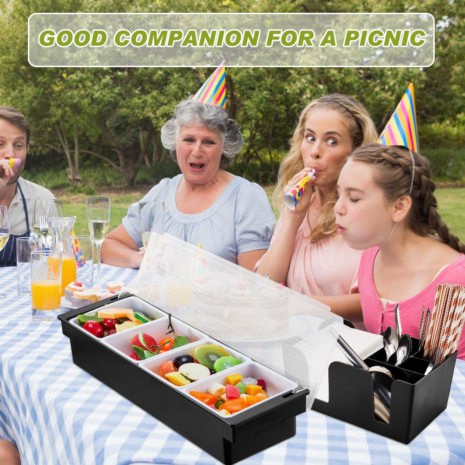 Tessco for you Garnish Tray with Lid Bar Caddy Ice Cooled Condiment Serving Container with Ice Scoop Metal Mini Serving Tongs Fruit Fork Spoons for Food Home Party Kitchen(Plastic,4 Grids)