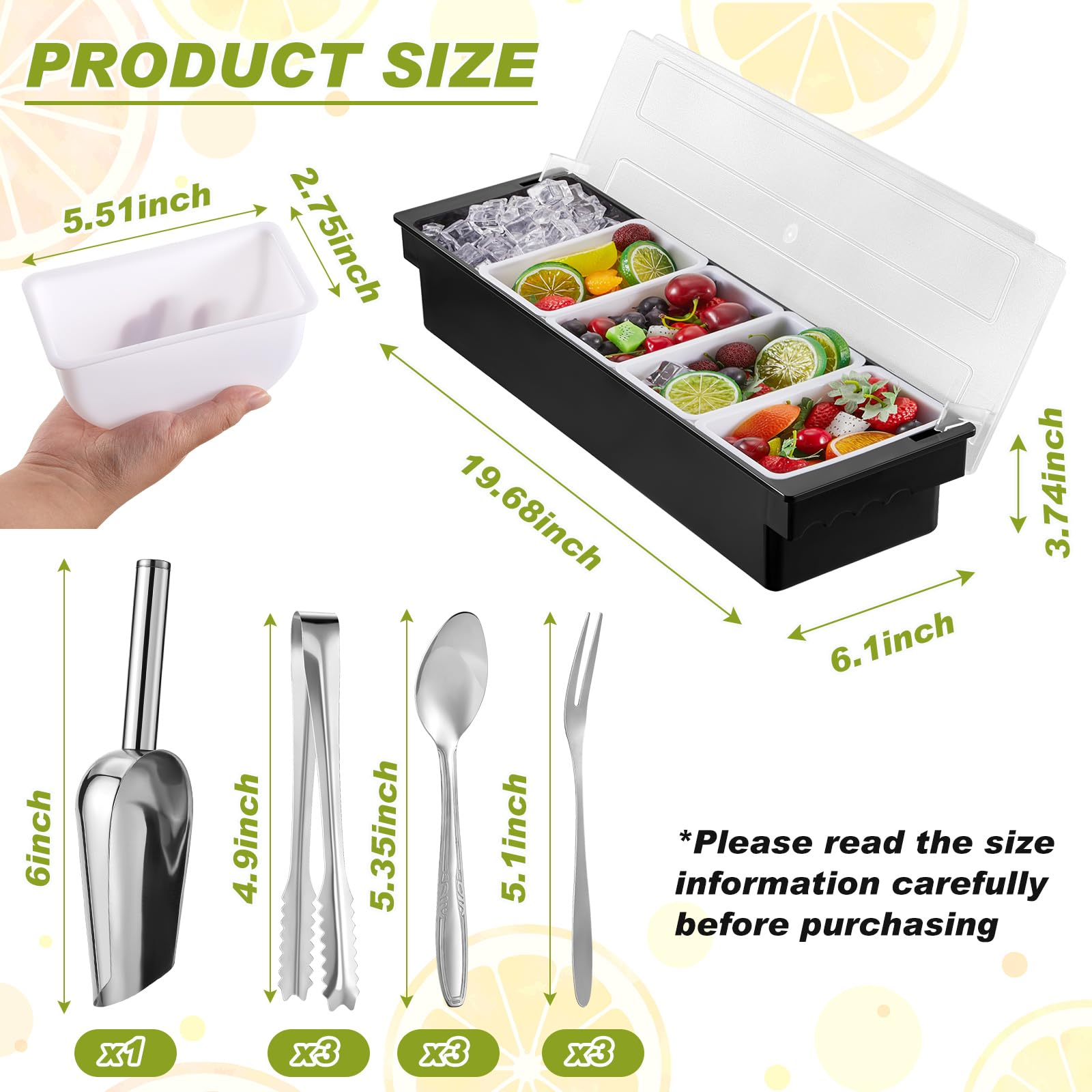 Tessco for you Garnish Tray with Lid Bar Caddy Ice Cooled Condiment Serving Container with Ice Scoop Metal Mini Serving Tongs Fruit Fork Spoons for Food Home Party Kitchen(Plastic,4 Grids)