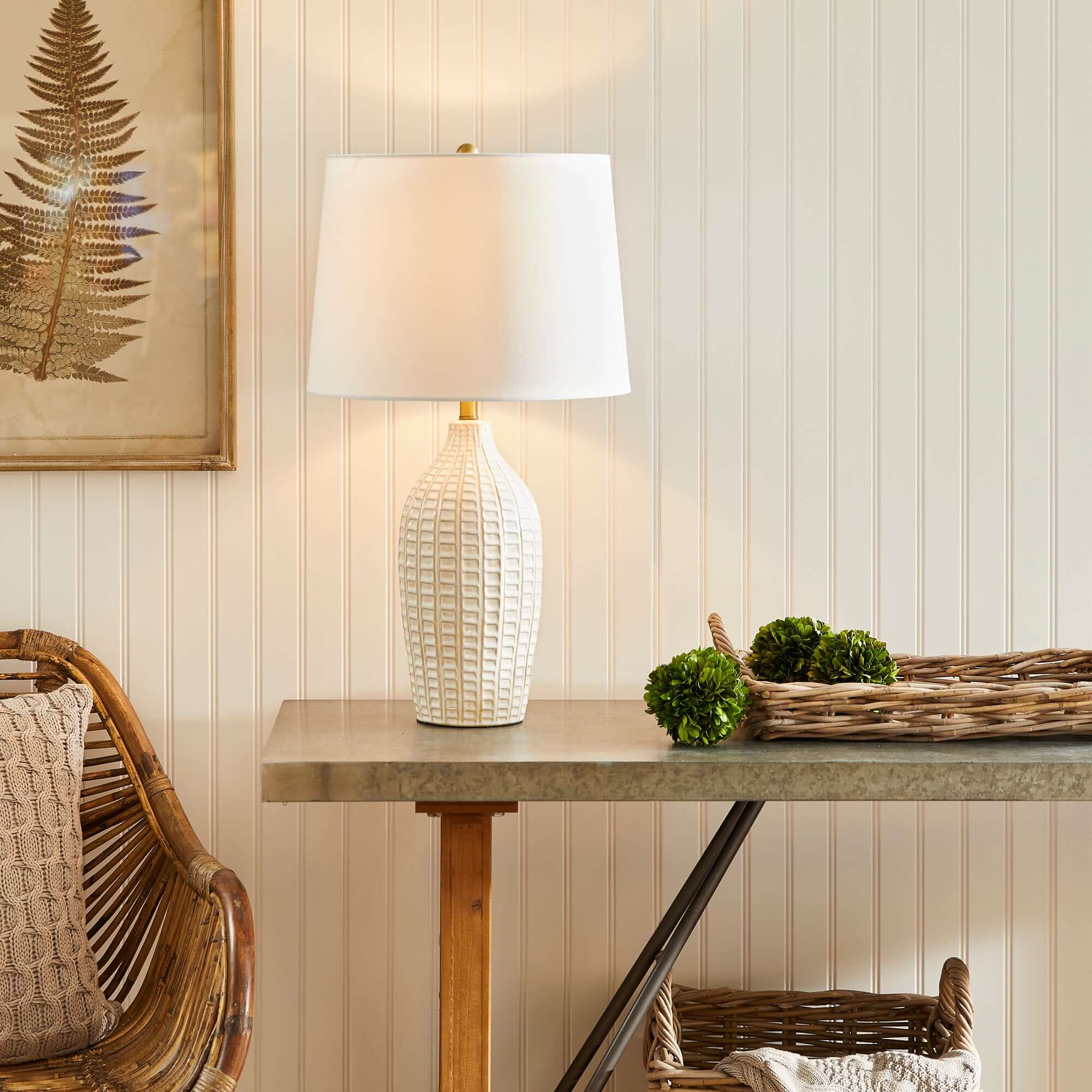 Textured Vintage Ceramic Table Lamp in White Glaze
