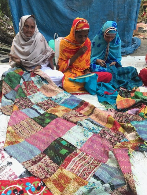 Vintage Silk Saree Kantha throw - Hand Stitched Upcycled by OMSutra