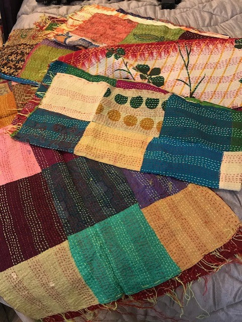 Vintage Silk Saree Kantha throw - Hand Stitched Upcycled by OMSutra