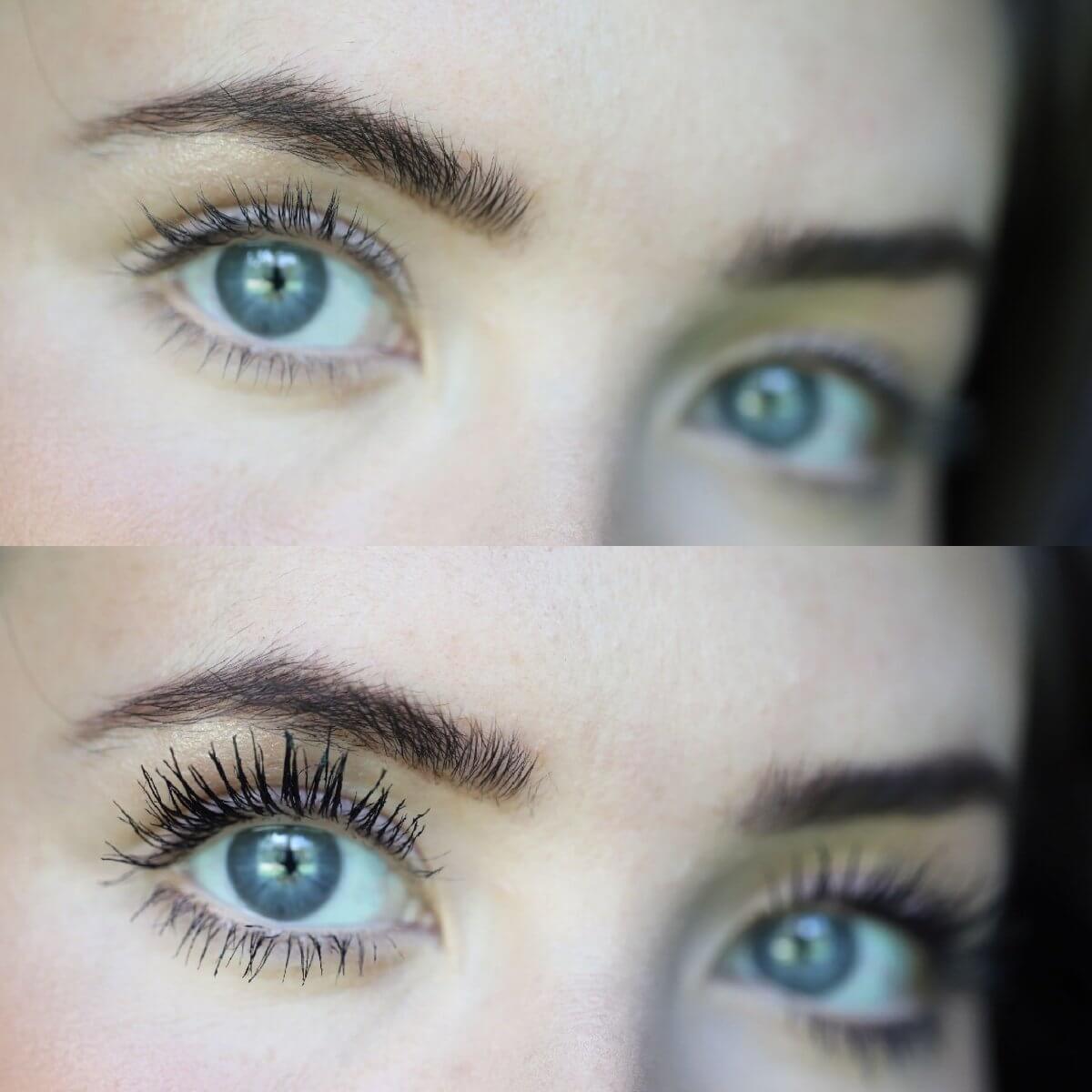 Close-up comparison of eyelashes before and after using Totally Tubular Tubing Mascara, showing enhanced lash length and volume.