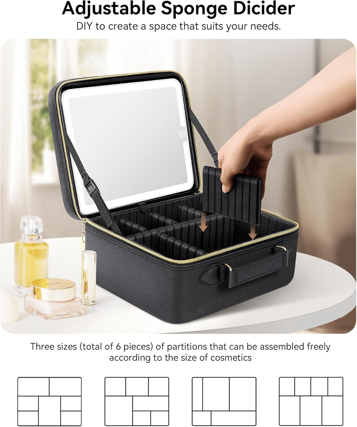 Travel Makeup Bag With LED Mirror,Train Case with Light up Mirror, Portable Makeup Artist Organizer Bag with Adjustable Dividers, Makeup Brush Holder Storage(Black, Large)