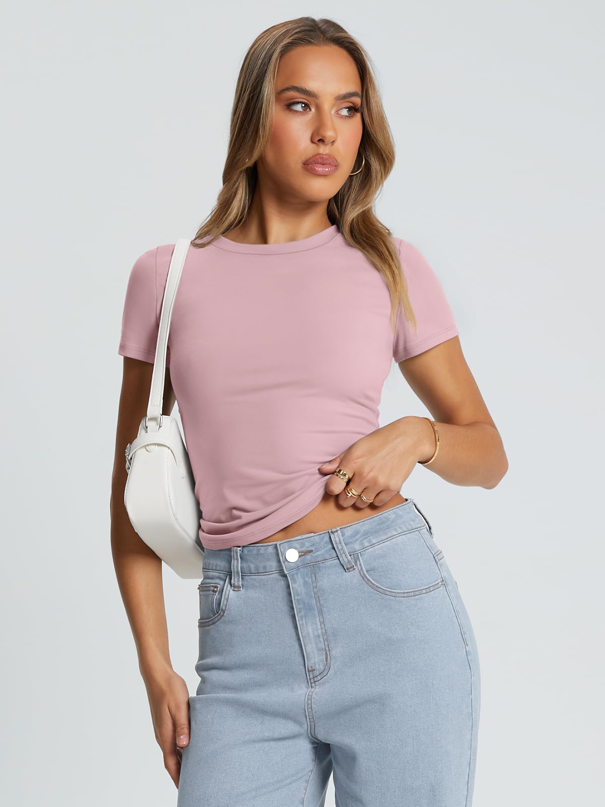 Trendy Queen Womens Basic T Shirts Summer Tops 2025 Crop Short Sleeve Slim Fit Tee Cute Gym Workout Clothes