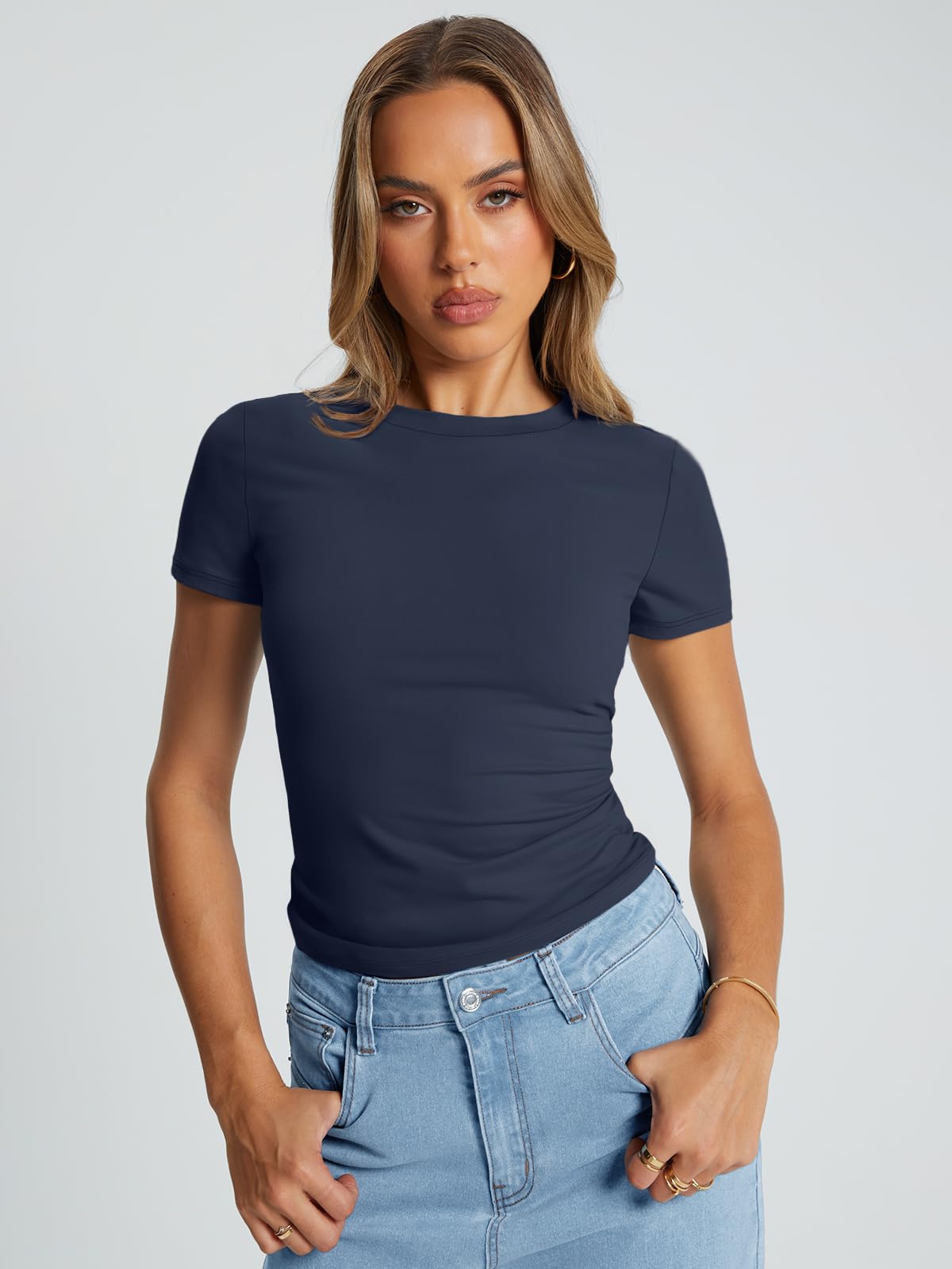 Trendy Queen Womens Basic T Shirts Summer Tops 2025 Crop Short Sleeve Slim Fit Tee Cute Gym Workout Clothes