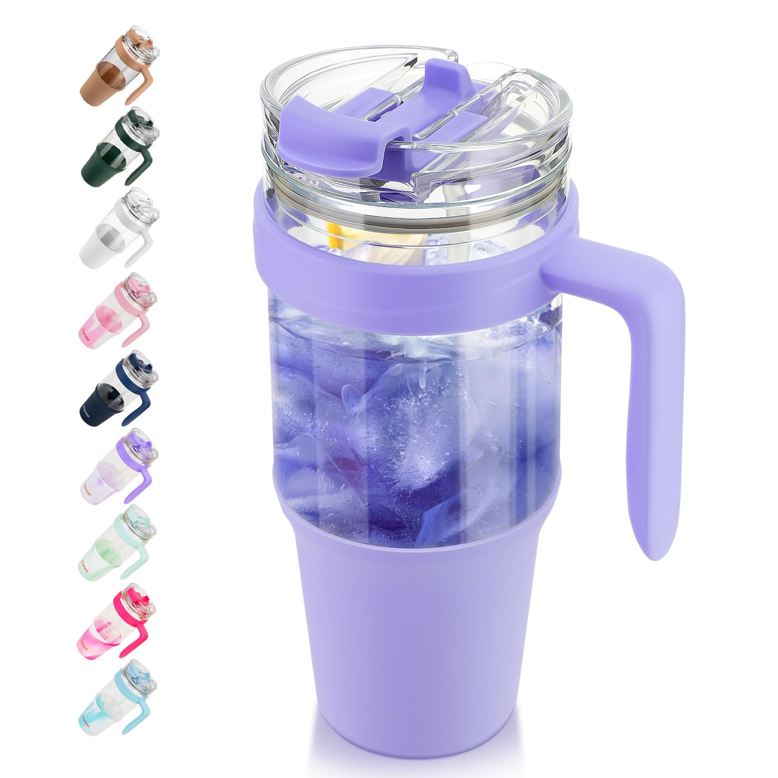 Tronco 40 oz Glass Tumbler with Straw and Lid, Reusable Glass Tumbler with Handle, Iced Coffee Cup with Bamboo Lid, Glass Water Bottles Fit in Cup Holder, Carbonfree, Lead-Free, BPA-Free