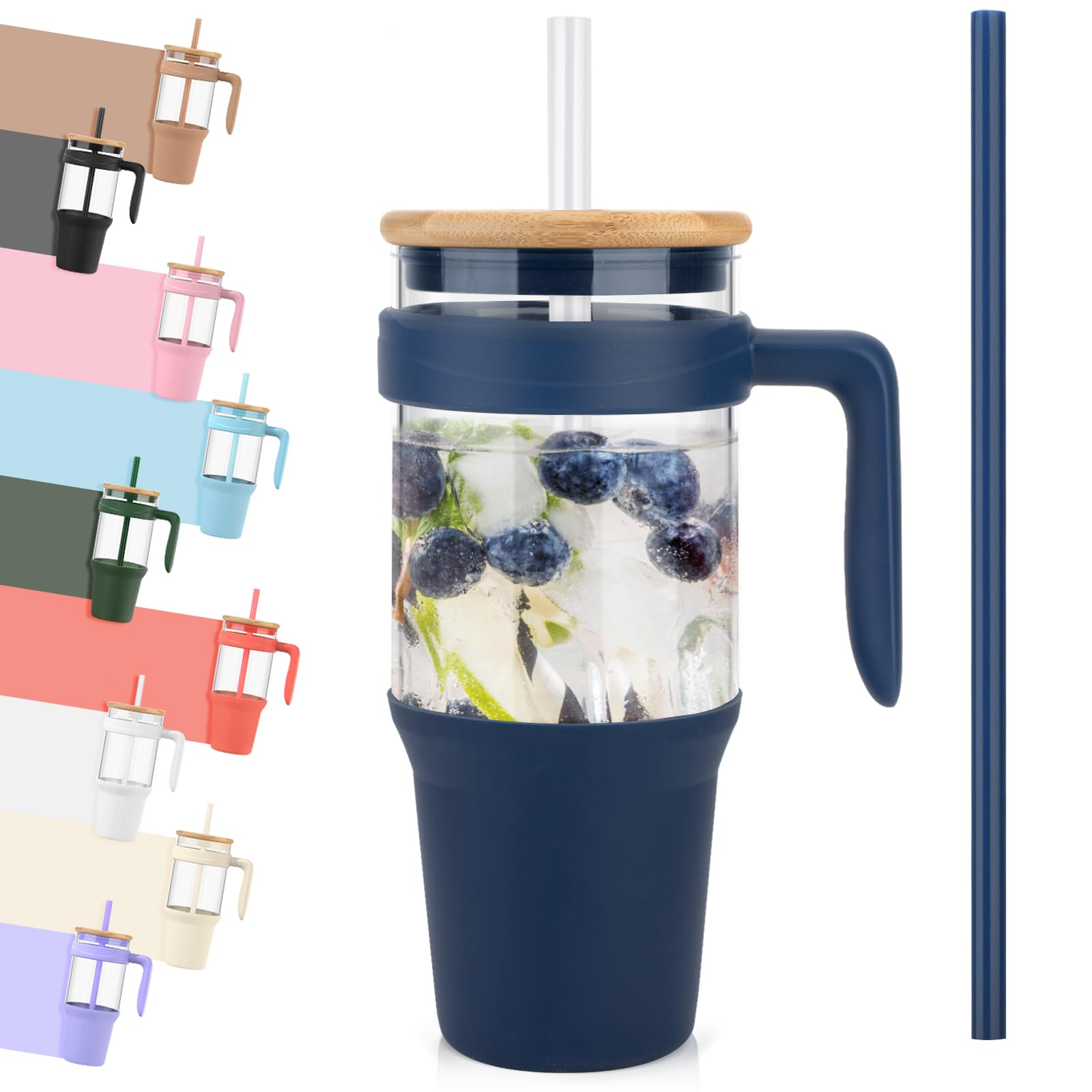 Tronco 40 oz Glass Tumbler with Straw and Lid, Reusable Glass Tumbler with Handle, Iced Coffee Cup with Bamboo Lid, Glass Water Bottles Fit in Cup Holder, Carbonfree, Lead-Free, BPA-Free