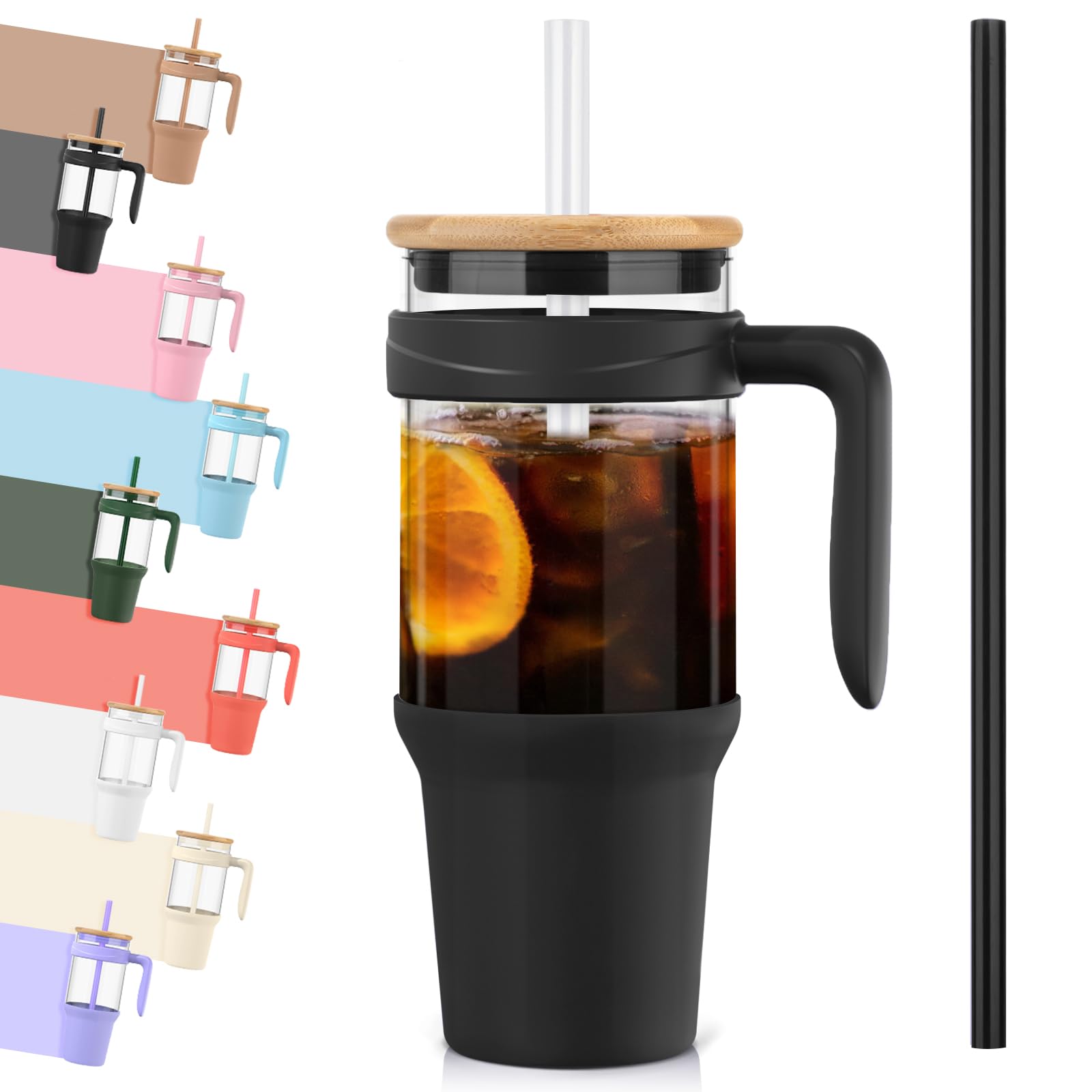 Tronco 40 oz Glass Tumbler with Straw and Lid, Reusable Glass Tumbler with Handle, Iced Coffee Cup with Bamboo Lid, Glass Water Bottles Fit in Cup Holder, Carbonfree, Lead-Free, BPA-Free