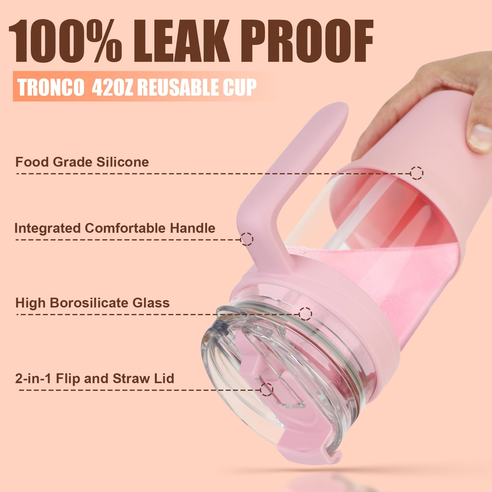 Tronco 40 oz Glass Tumbler with Straw and Lid, Reusable Glass Tumbler with Handle, Iced Coffee Cup with Bamboo Lid, Glass Water Bottles Fit in Cup Holder, Carbonfree, Lead-Free, BPA-Free