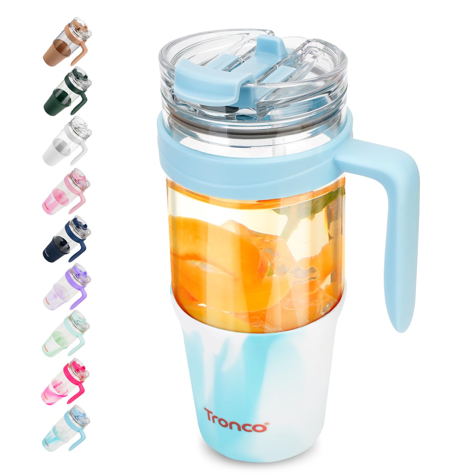 Tronco 40 oz Glass Tumbler with Straw and Lid, Reusable Glass Tumbler with Handle, Iced Coffee Cup with Bamboo Lid, Glass Water Bottles Fit in Cup Holder, Carbonfree, Lead-Free, BPA-Free