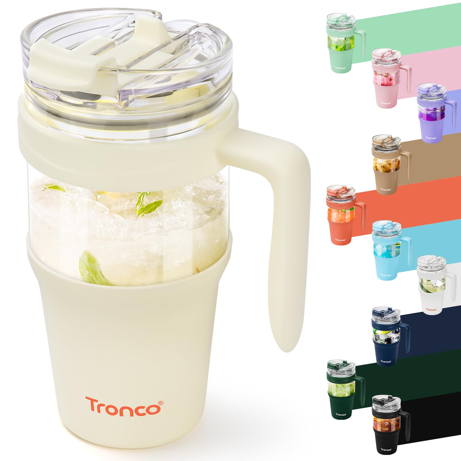 Tronco 40 oz Glass Tumbler with Straw and Lid, Reusable Glass Tumbler with Handle, Iced Coffee Cup with Bamboo Lid, Glass Water Bottles Fit in Cup Holder, Carbonfree, Lead-Free, BPA-Free