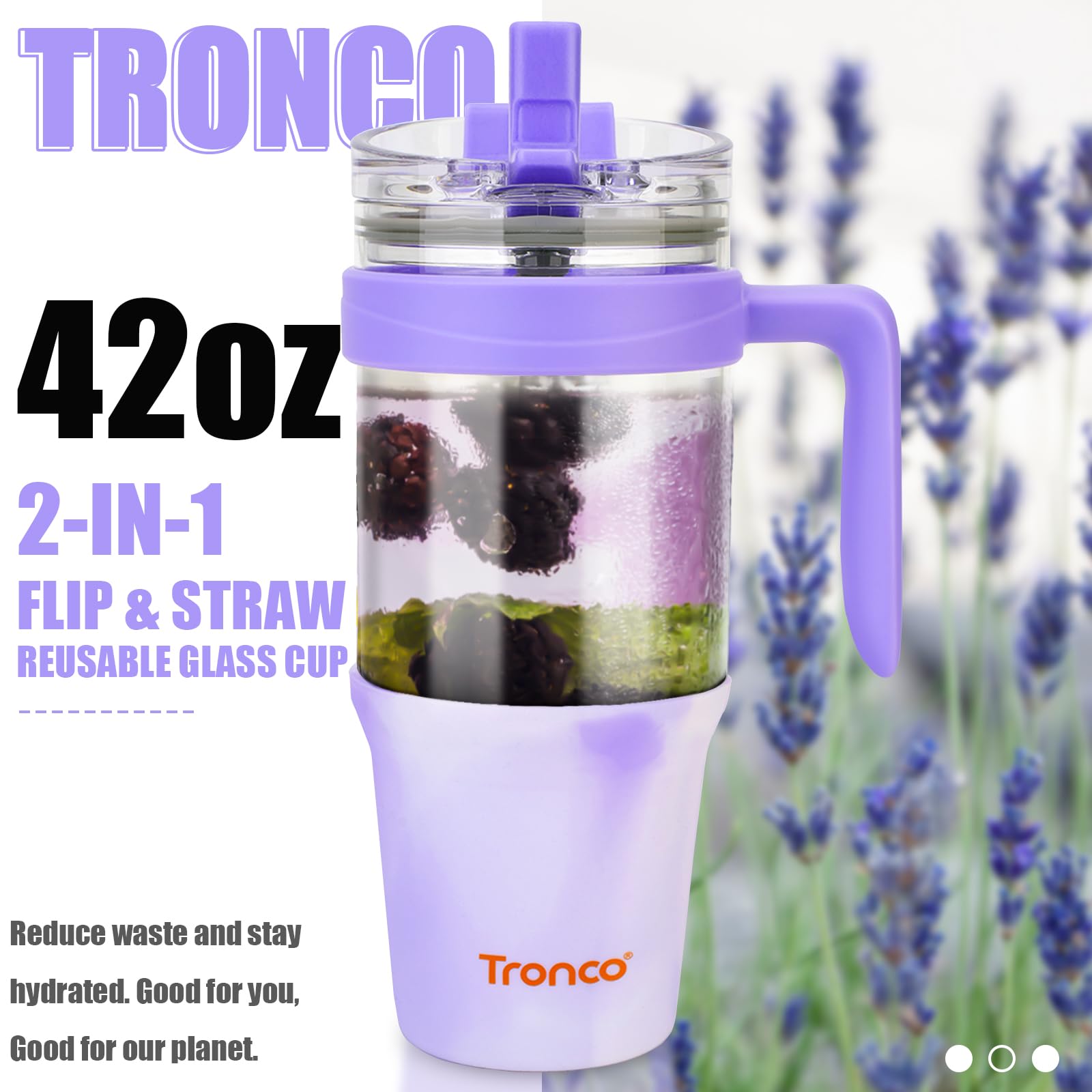 Tronco 40 oz Glass Tumbler with Straw and Lid, Reusable Glass Tumbler with Handle, Iced Coffee Cup with Bamboo Lid, Glass Water Bottles Fit in Cup Holder, Carbonfree, Lead-Free, BPA-Free