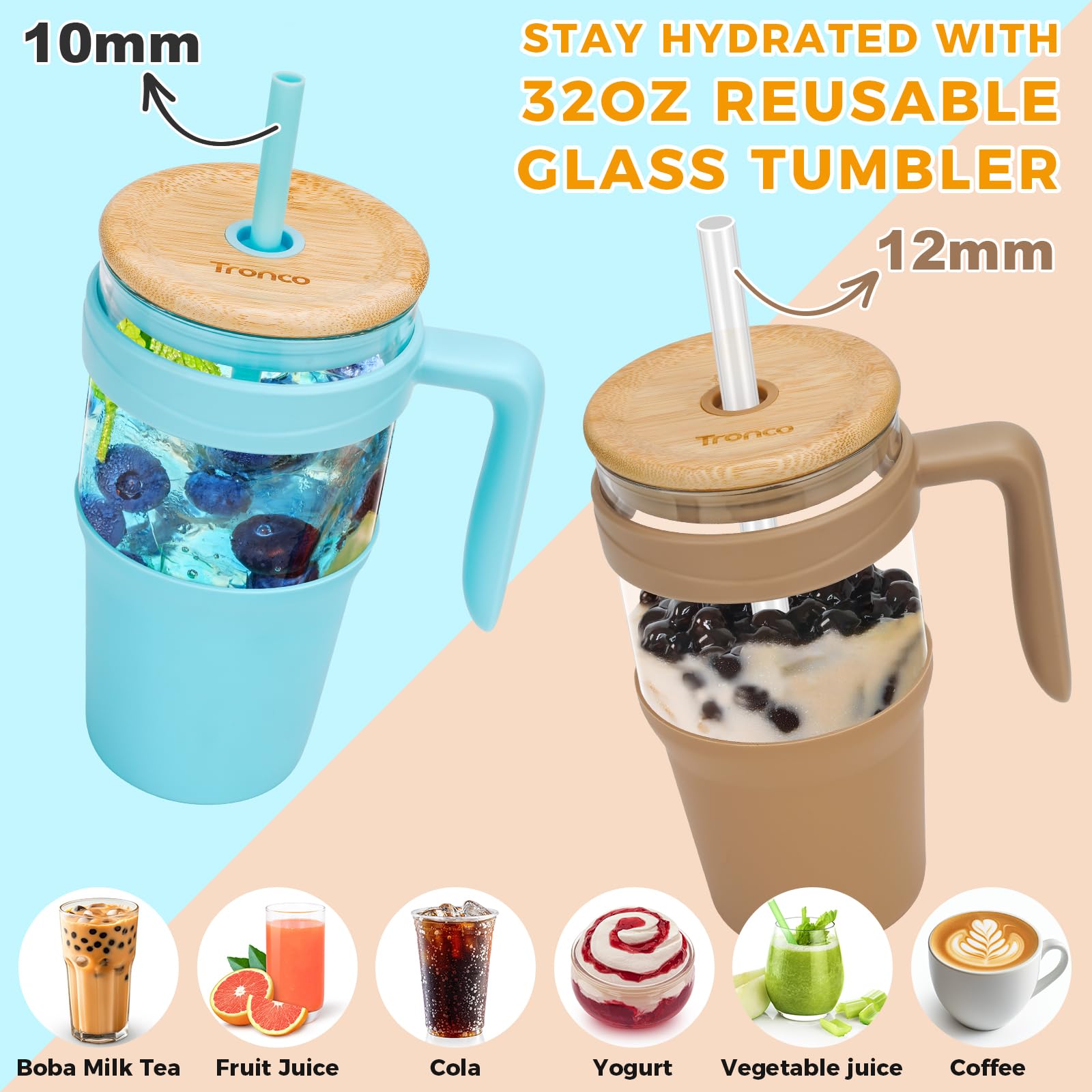 Tronco 40 oz Glass Tumbler with Straw and Lid, Reusable Glass Tumbler with Handle, Iced Coffee Cup with Bamboo Lid, Glass Water Bottles Fit in Cup Holder, Carbonfree, Lead-Free, BPA-Free