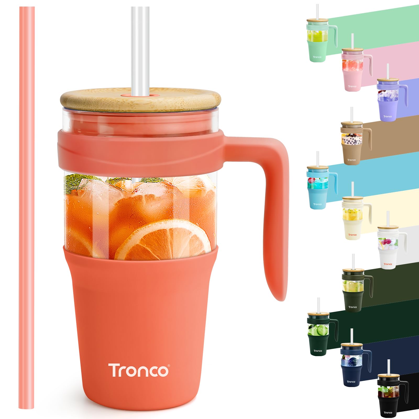 Tronco 40 oz Glass Tumbler with Straw and Lid, Reusable Glass Tumbler with Handle, Iced Coffee Cup with Bamboo Lid, Glass Water Bottles Fit in Cup Holder, Carbonfree, Lead-Free, BPA-Free
