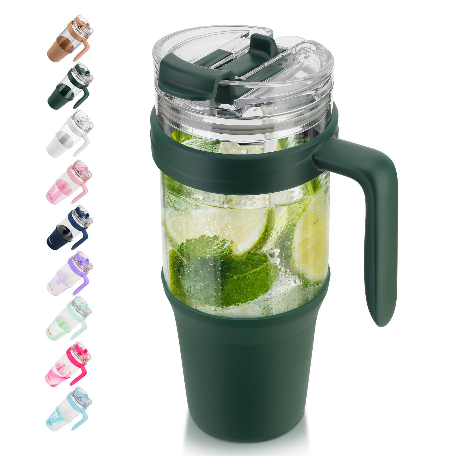 Tronco 40 oz Glass Tumbler with Straw and Lid, Reusable Glass Tumbler with Handle, Iced Coffee Cup with Bamboo Lid, Glass Water Bottles Fit in Cup Holder, Carbonfree, Lead-Free, BPA-Free