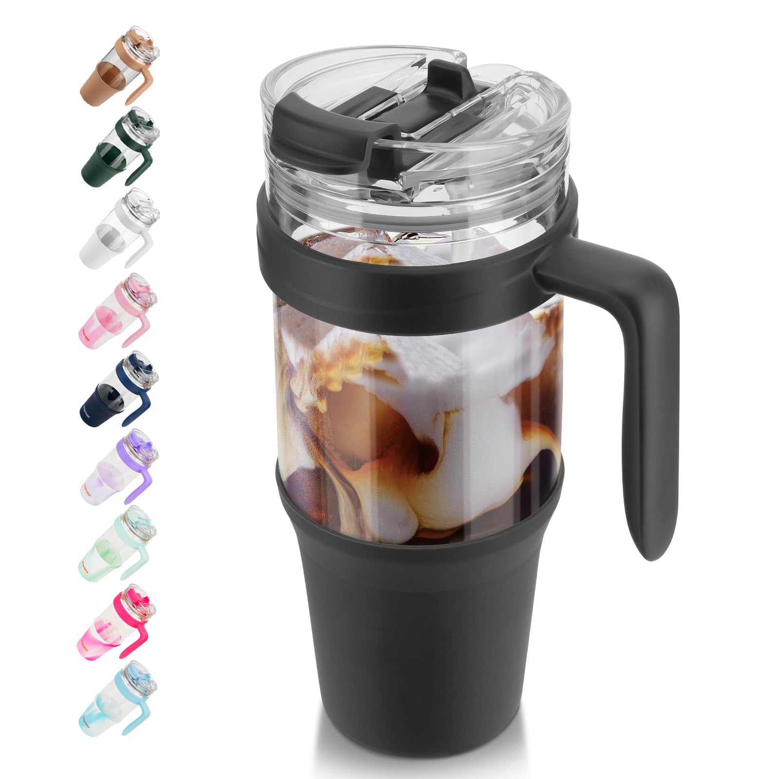 Tronco 40 oz Glass Tumbler with Straw and Lid, Reusable Glass Tumbler with Handle, Iced Coffee Cup with Bamboo Lid, Glass Water Bottles Fit in Cup Holder, Carbonfree, Lead-Free, BPA-Free