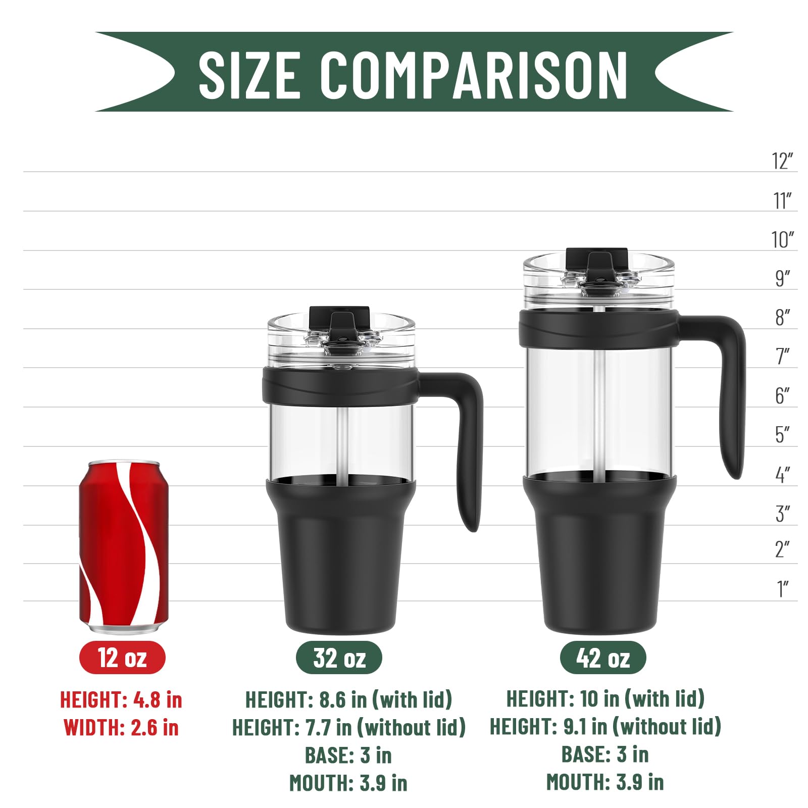 Tronco 40 oz Glass Tumbler with Straw and Lid, Reusable Glass Tumbler with Handle, Iced Coffee Cup with Bamboo Lid, Glass Water Bottles Fit in Cup Holder, Carbonfree, Lead-Free, BPA-Free