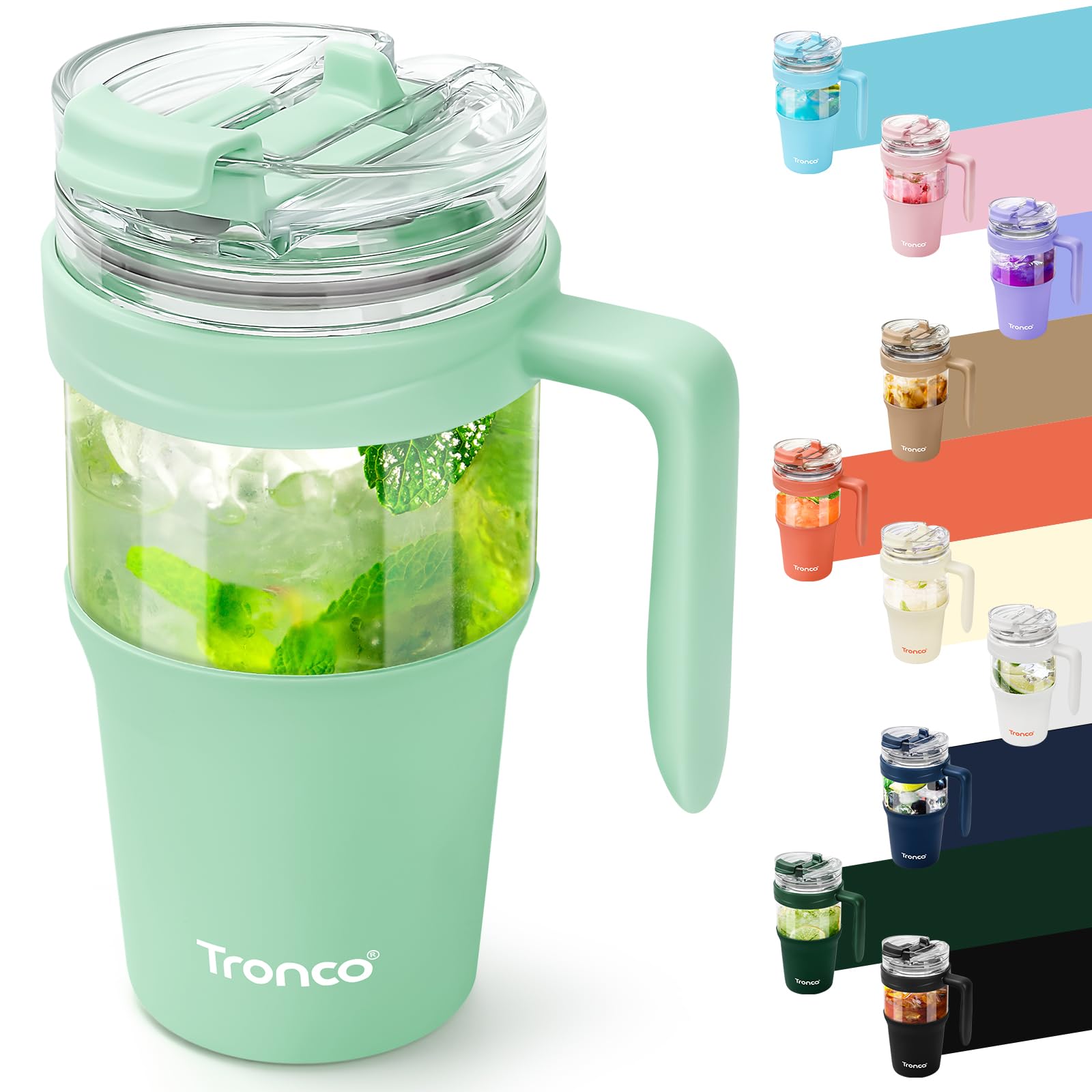 Tronco 40 oz Glass Tumbler with Straw and Lid, Reusable Glass Tumbler with Handle, Iced Coffee Cup with Bamboo Lid, Glass Water Bottles Fit in Cup Holder, Carbonfree, Lead-Free, BPA-Free