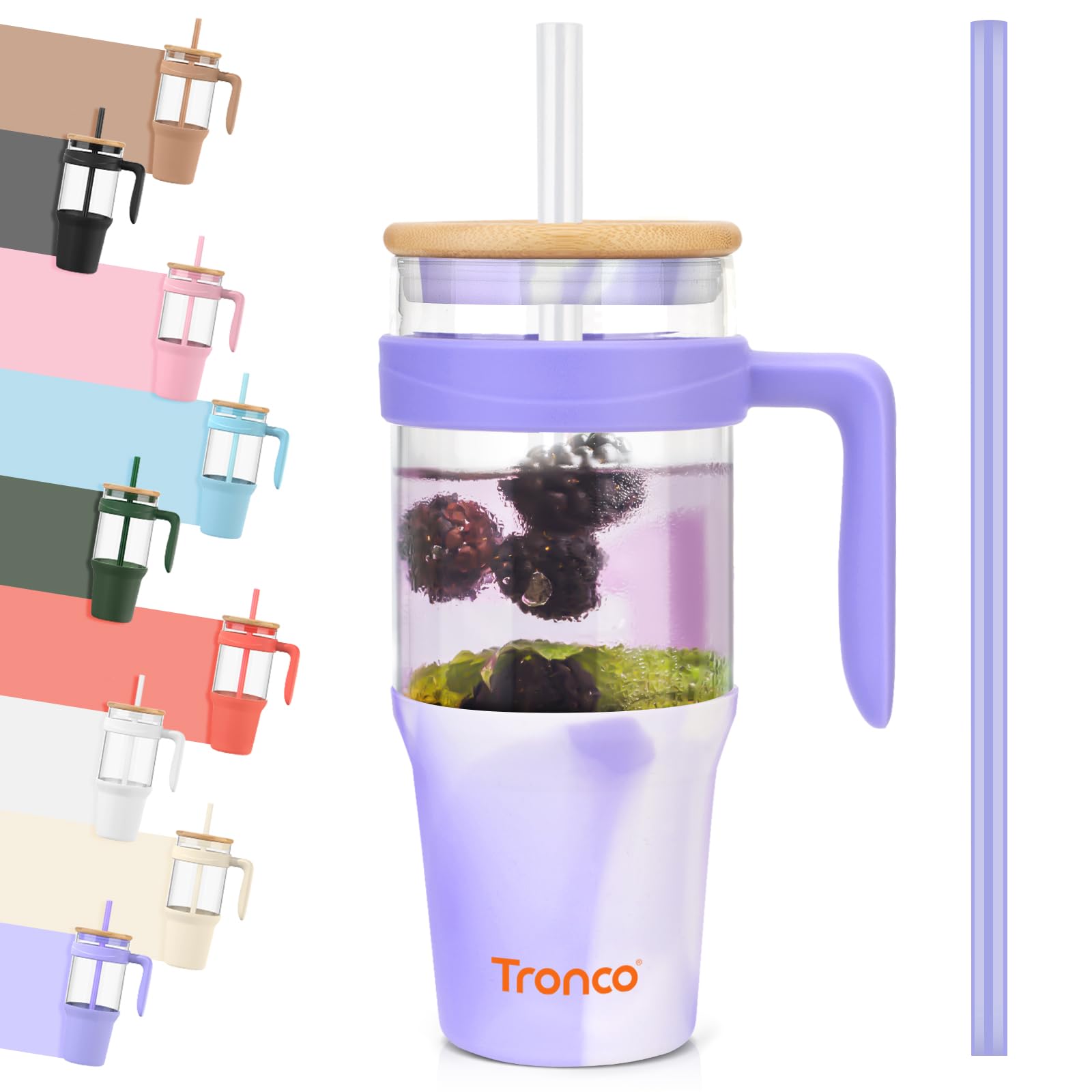 Tronco 40 oz Glass Tumbler with Straw and Lid, Reusable Glass Tumbler with Handle, Iced Coffee Cup with Bamboo Lid, Glass Water Bottles Fit in Cup Holder, Carbonfree, Lead-Free, BPA-Free