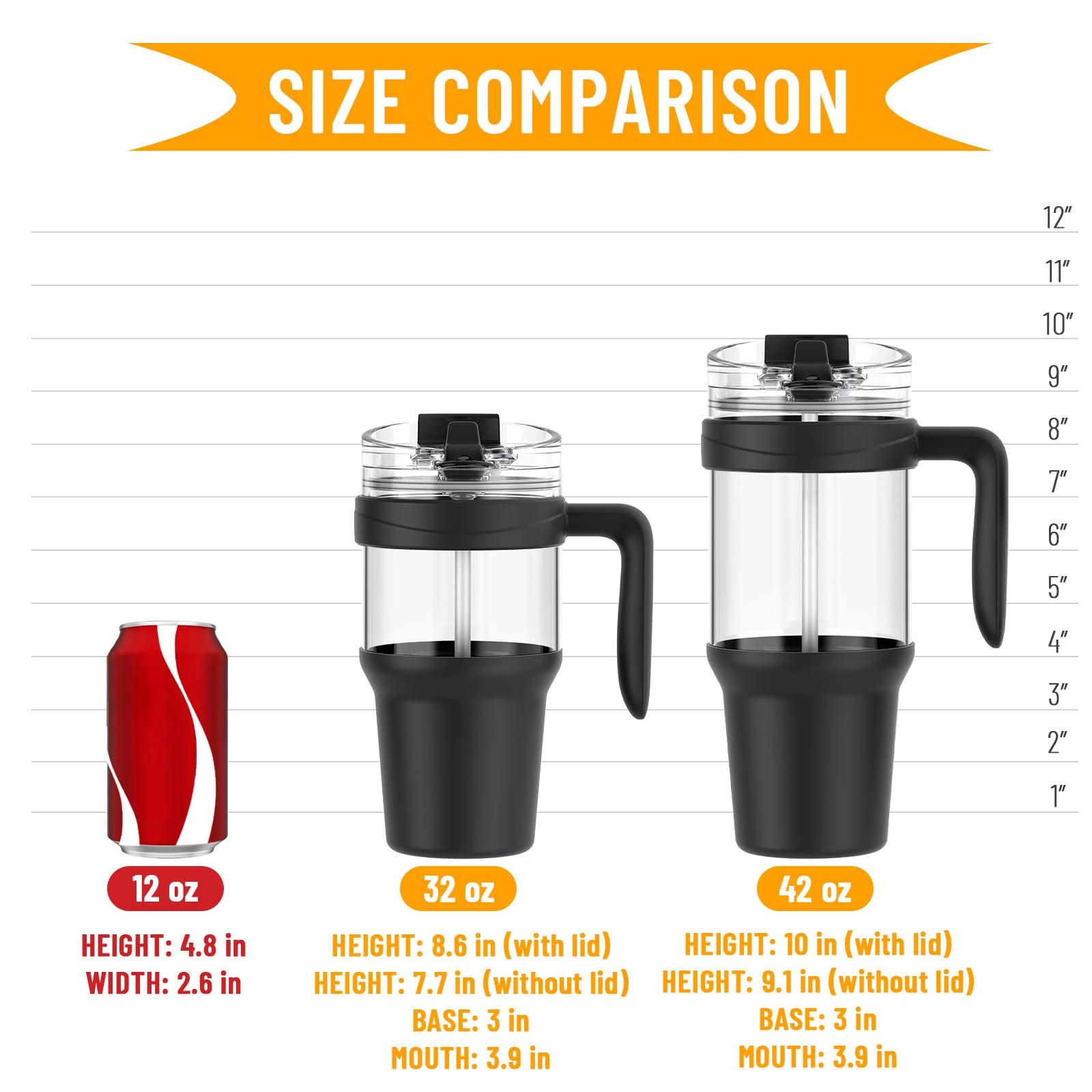 Tronco 40 oz Glass Tumbler with Straw and Lid, Reusable Glass Tumbler with Handle, Iced Coffee Cup with Bamboo Lid, Glass Water Bottles Fit in Cup Holder, Carbonfree, Lead-Free, BPA-Free