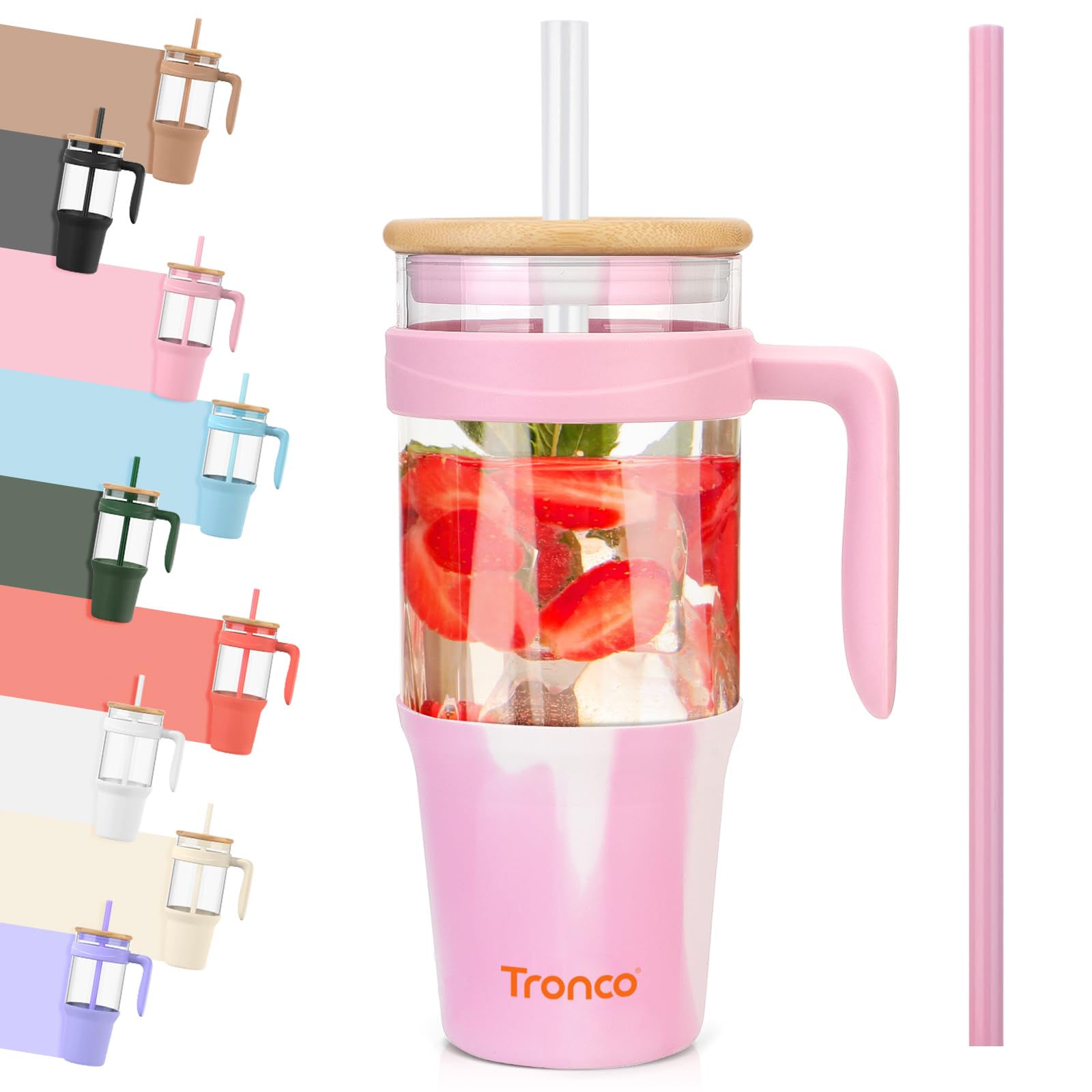 Tronco 40 oz Glass Tumbler with Straw and Lid, Reusable Glass Tumbler with Handle, Iced Coffee Cup with Bamboo Lid, Glass Water Bottles Fit in Cup Holder, Carbonfree, Lead-Free, BPA-Free