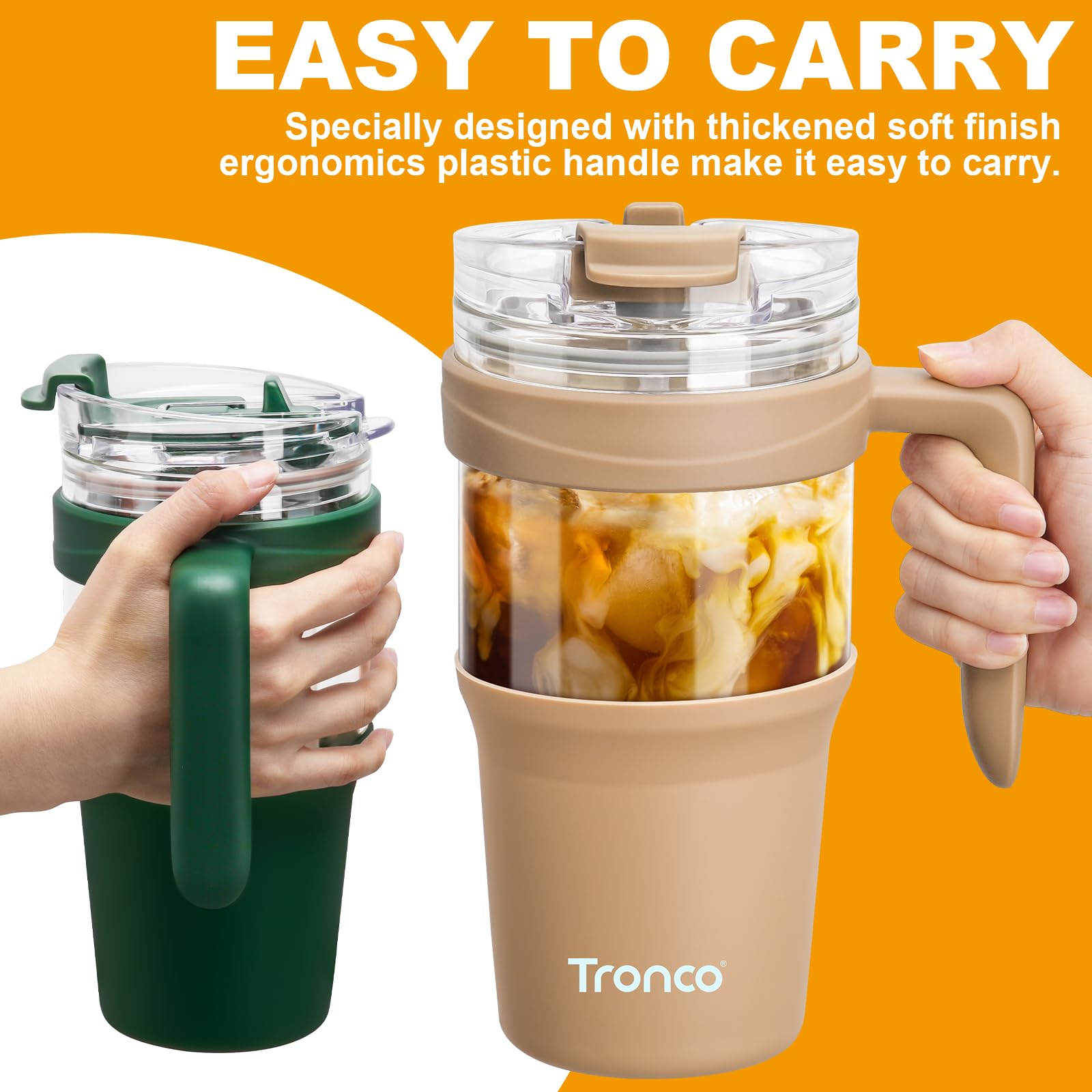 Tronco 40 oz Glass Tumbler with Straw and Lid, Reusable Glass Tumbler with Handle, Iced Coffee Cup with Bamboo Lid, Glass Water Bottles Fit in Cup Holder, Carbonfree, Lead-Free, BPA-Free